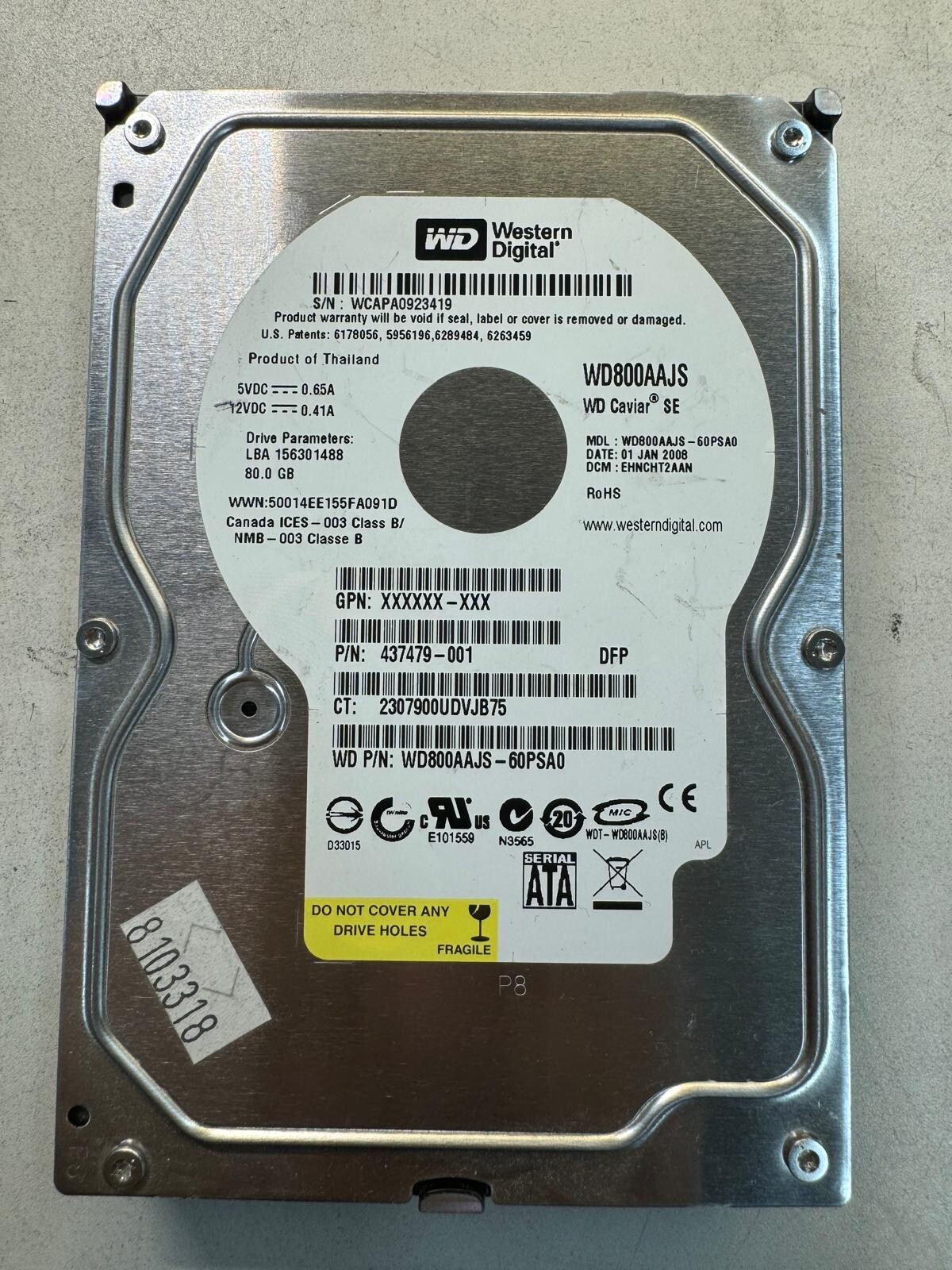 WD 437479-001 WD800AAJS-60PSA0 80GB 7.2K RPM 8MB Cache 1.5 Gb/s SATA 3.5" HDD