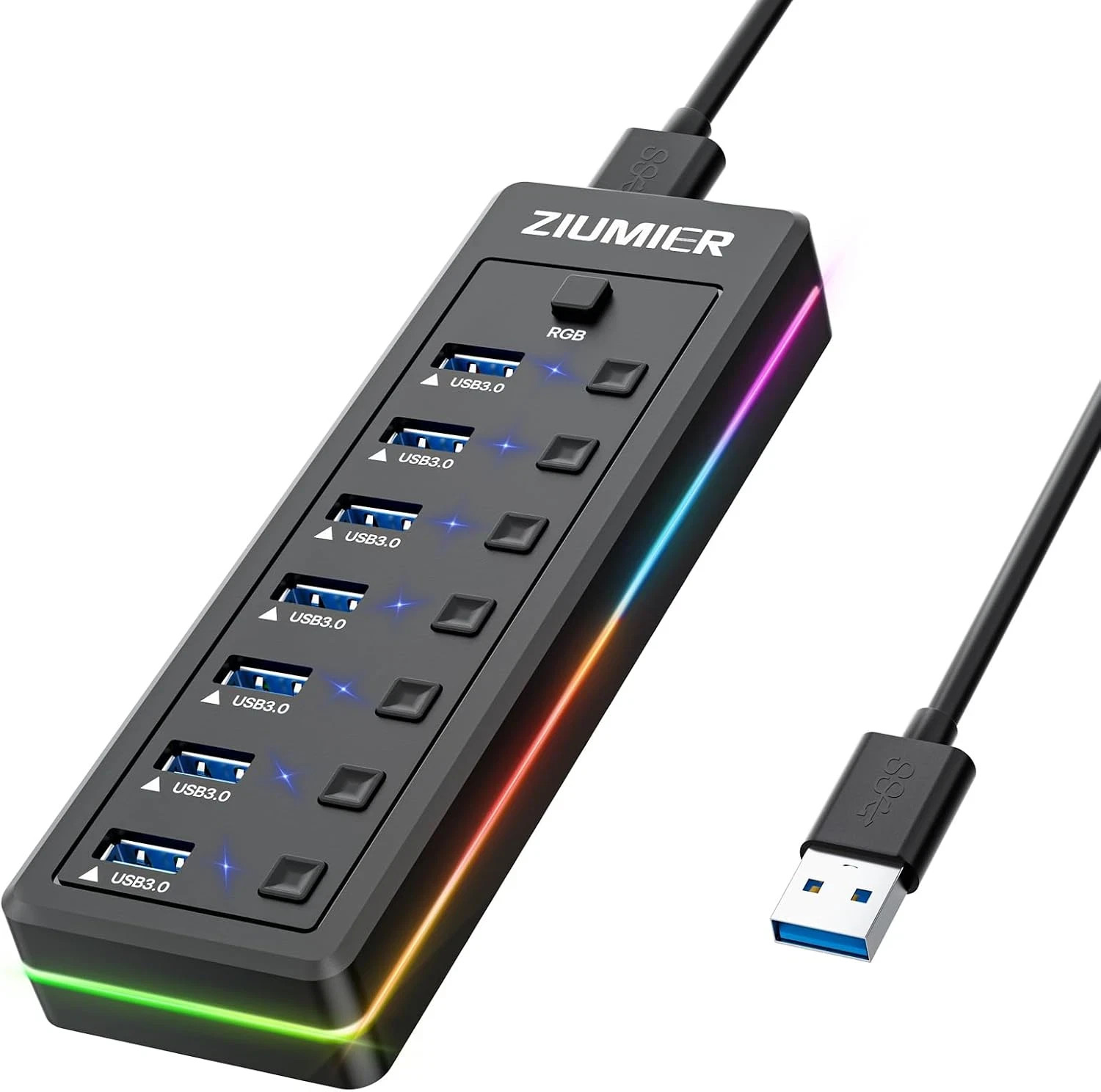 USB Hub with RGB LED Strip,7 Port USB Splitter for Pc,Gaming | USB 3.0 Hub Data 