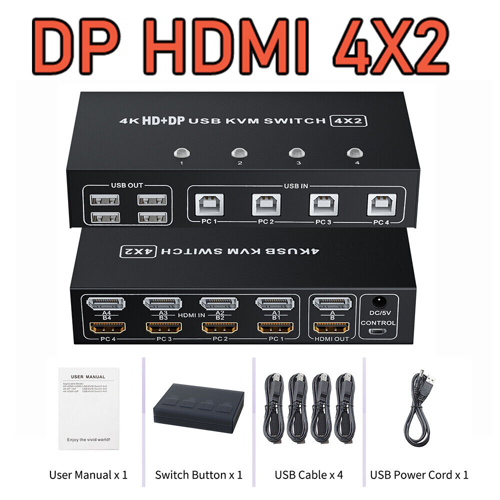 4 Port HDMI +DisplayPort DP USB KVM Switch Dual Monitor 4K 60Hz 4X2 KVM Switcher