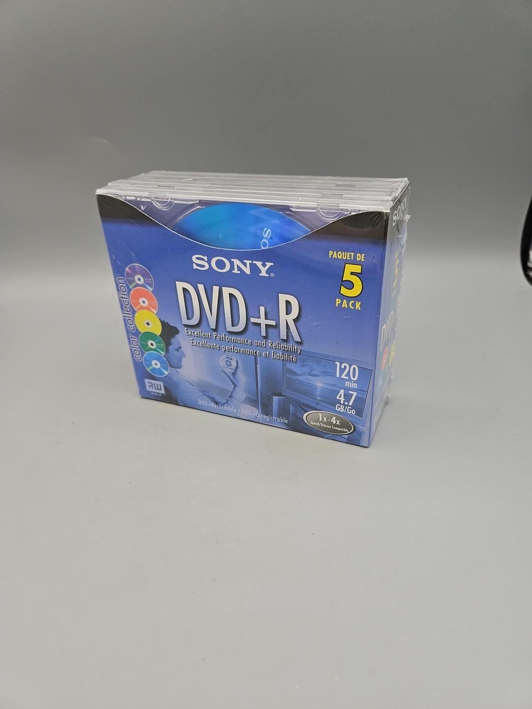 5 pack SONY DVD+R 120 min. 4.7 GB Color Collection Blank Recordable DVD