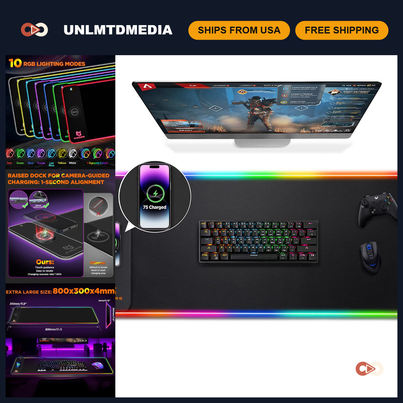 Large RGB Gaming Mouse Pad with 15W Wireless Charging, 10 Light Modes, Non-Slip