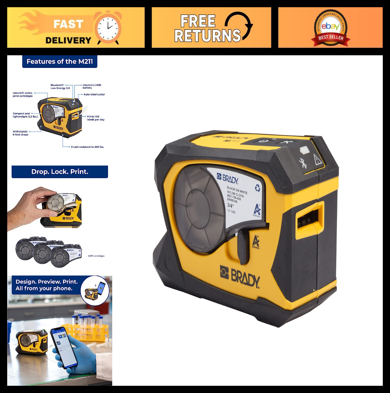 Portable Bluetooth Label Printer - Monochrome, Yellow/Black, Wireless, Compact D