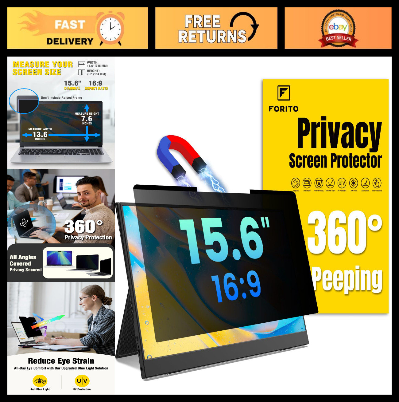 15.6" Magnetic Laptop Privacy Screen - Anti Peeping, Removable, Anti Glare, Blue