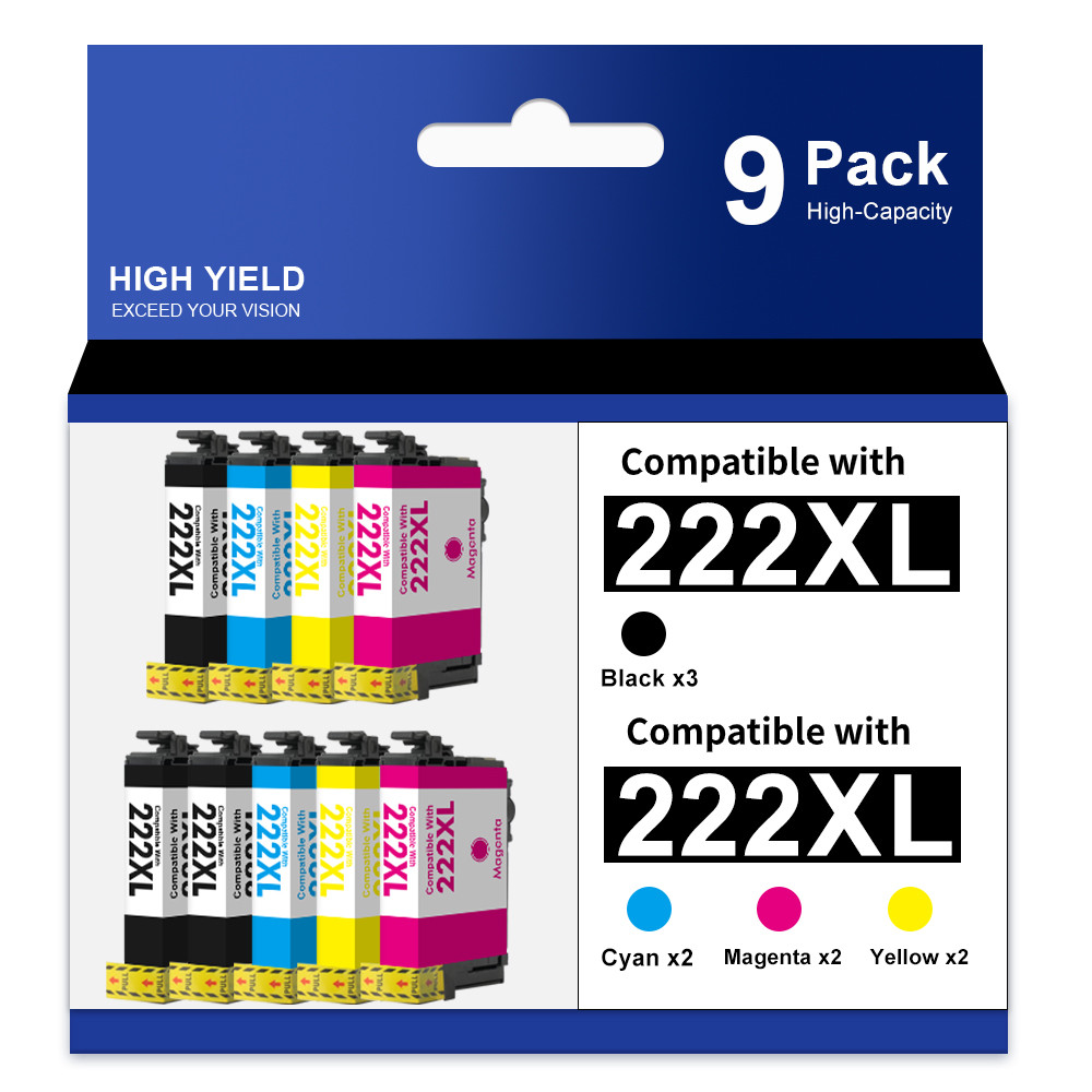 9 Pack BCMY T222XL 222XL Replacement Ink Cartridges with WF-2960 XP-5200 Printer