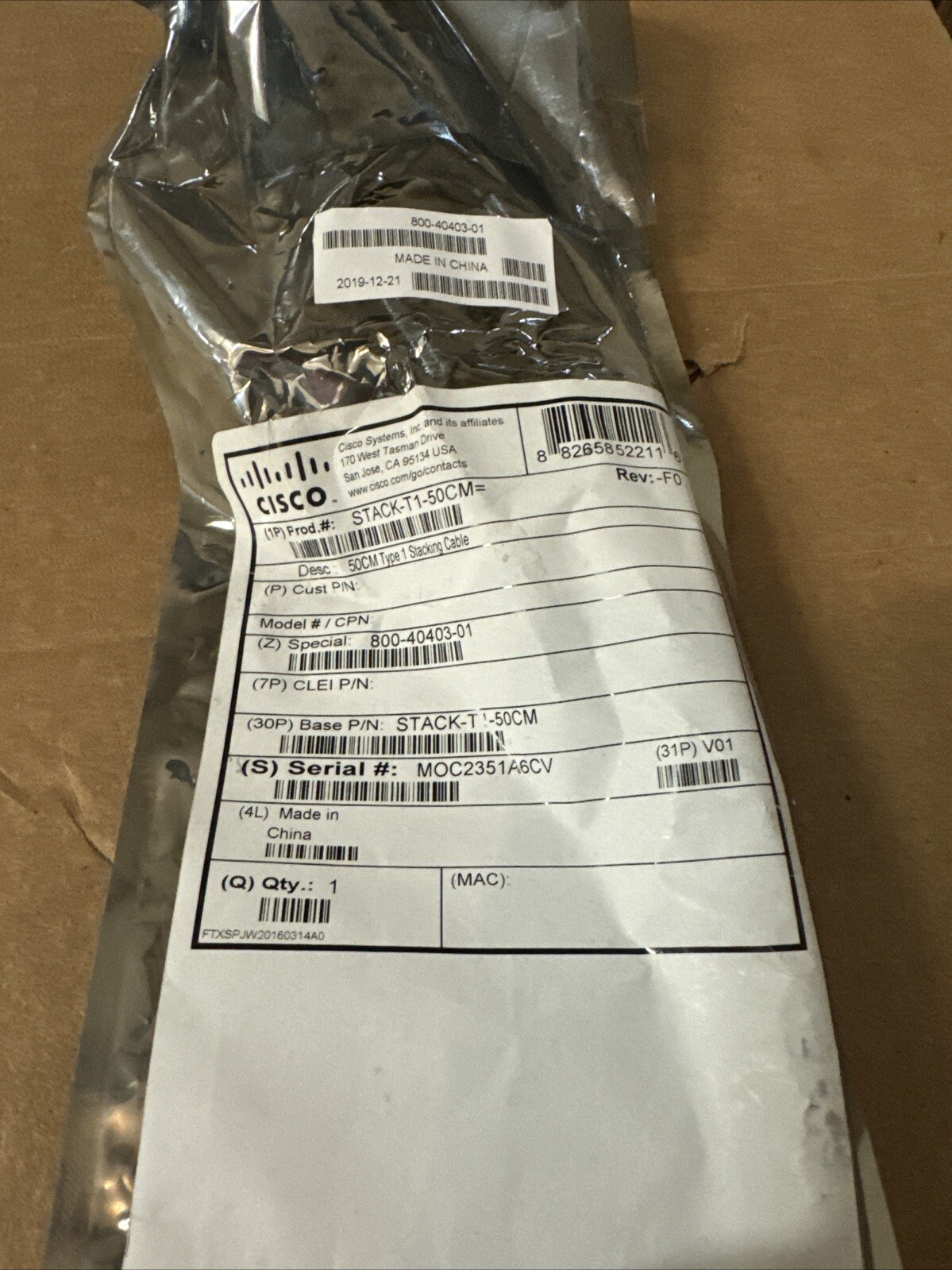 NEW Cisco Stackwise 50cm Stacking Cable STACK-T1-50CM V01 800-40403-01