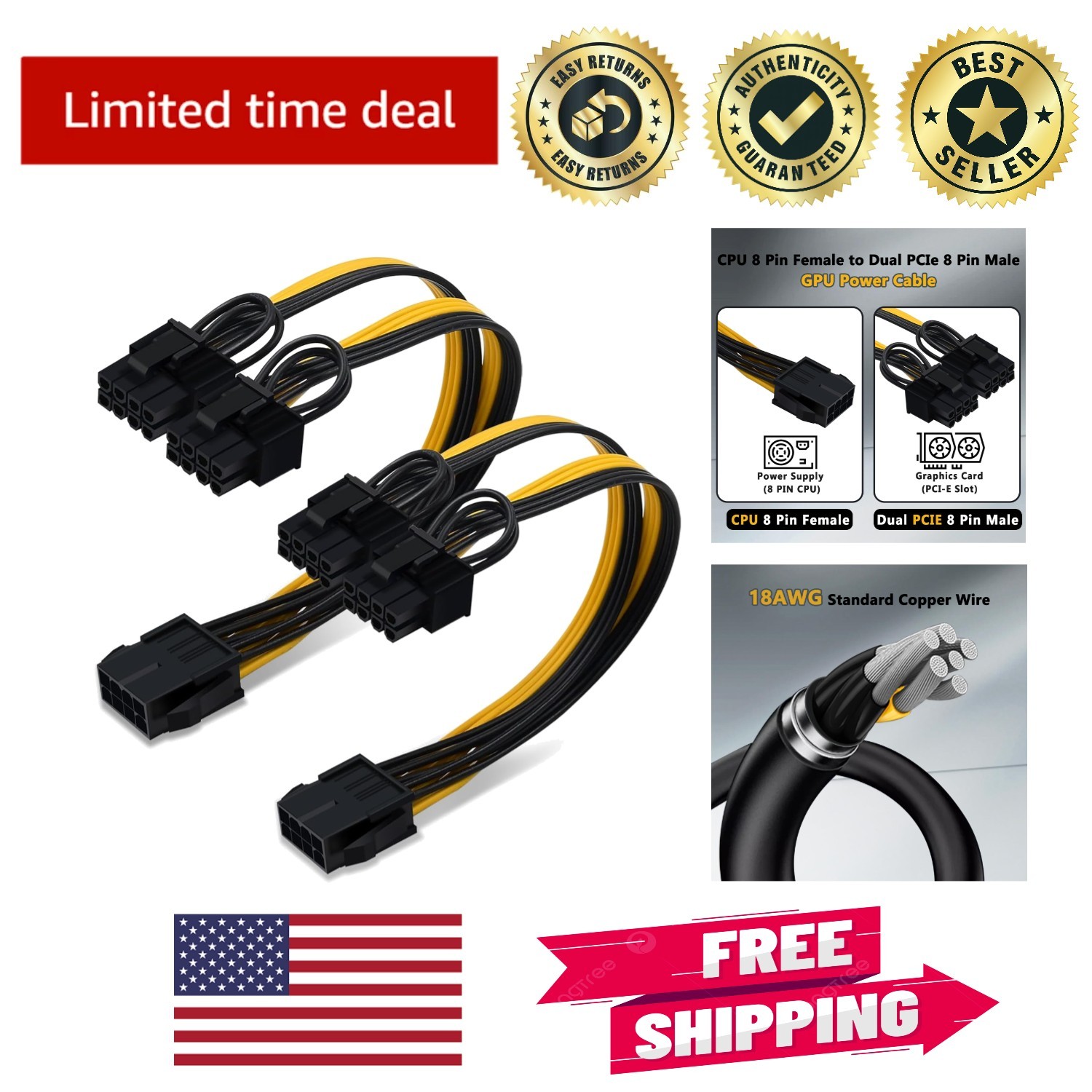 2-Pack CPU to Dual PCIe 8 Pin Splitter Cable - 9-inch GPU Power Solution