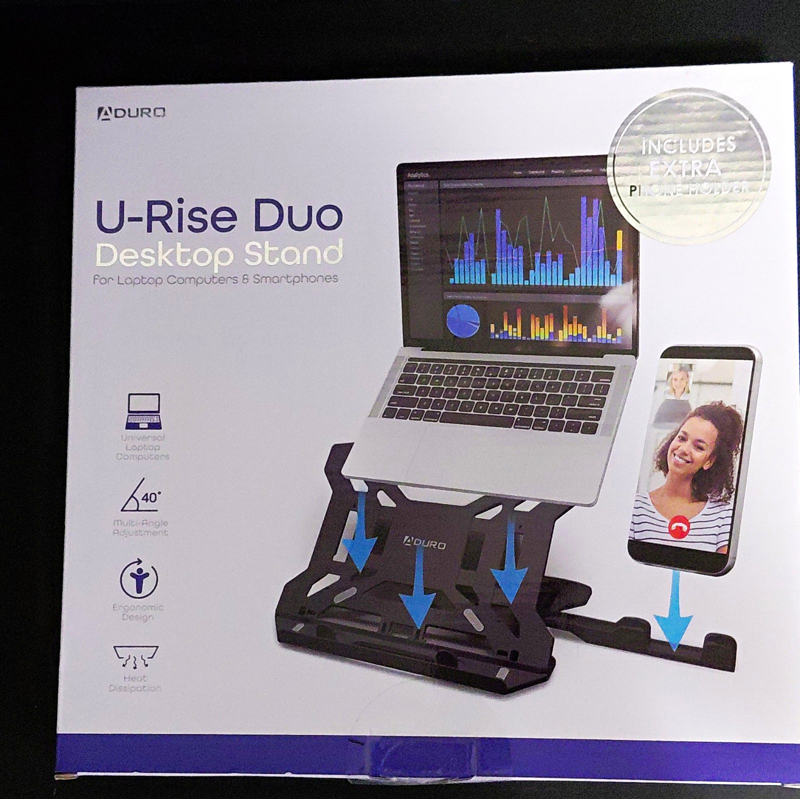 Aduro U-Rise Duo Adjustable Foldable Desk Stand for Laptop/Phone Black