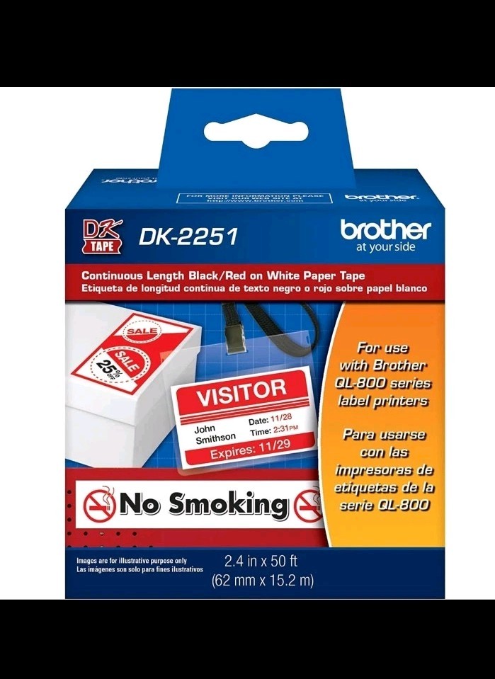 Genuine DK-2251 Continuous Length Labels, Black/Red Label on White Paper Tape...