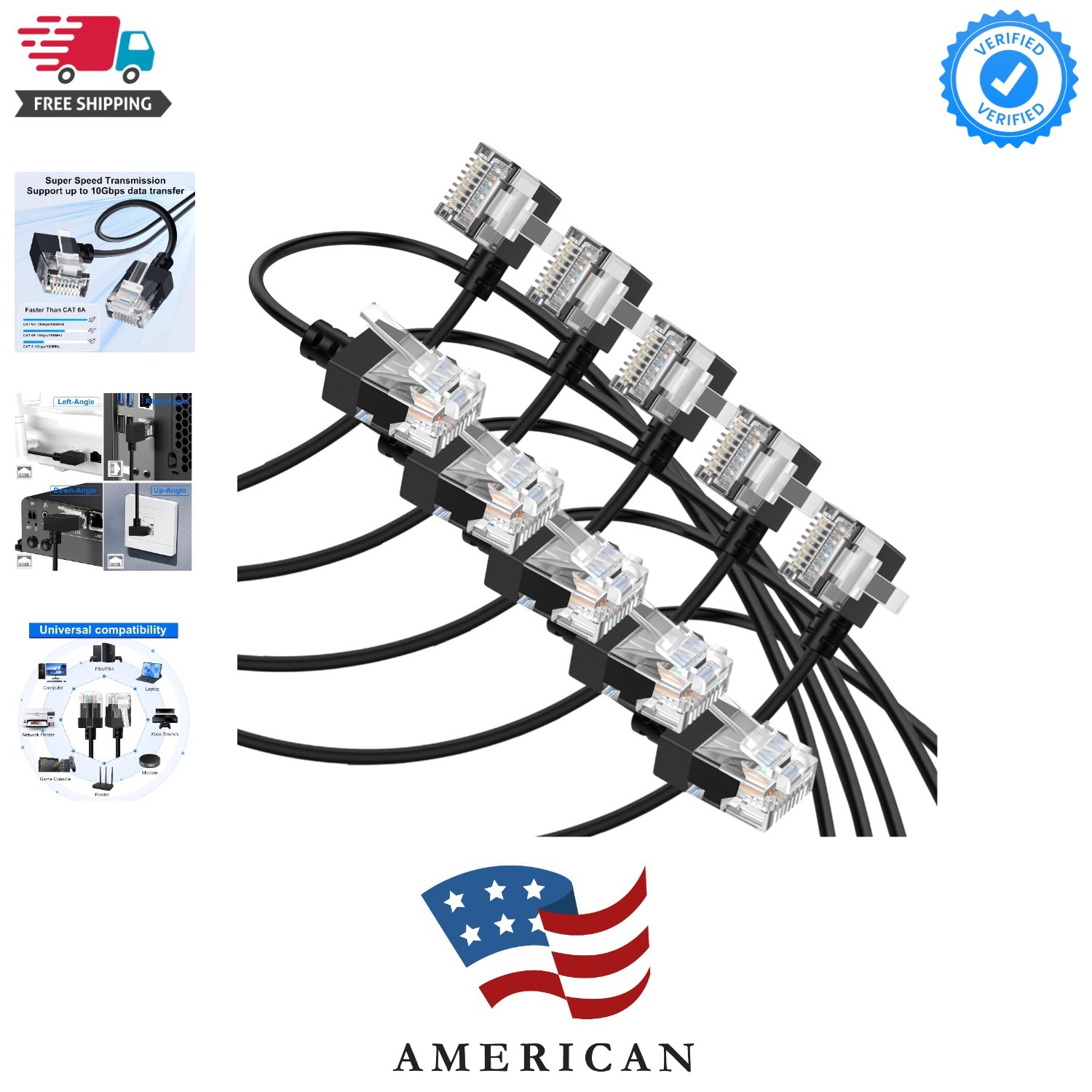 Cat6A Ethernet Cable 90 Degree Left Angled 6.6FT 5 Pack, Flexible Slim & Ultr...