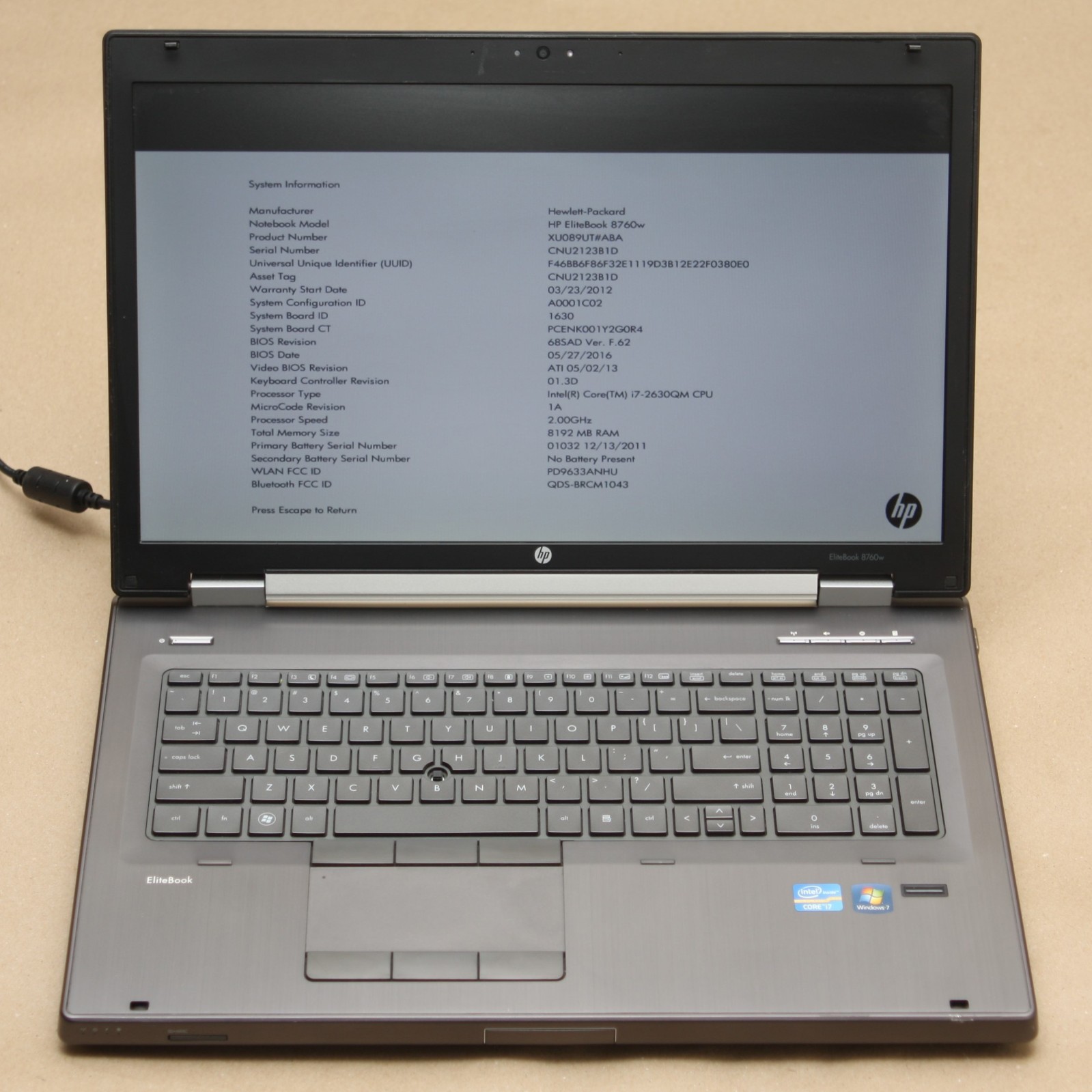 HP EliteBook 8760w Core i7-2630QM AMD FirePro M5950 8GB RAM NO SSD/HDD/OS