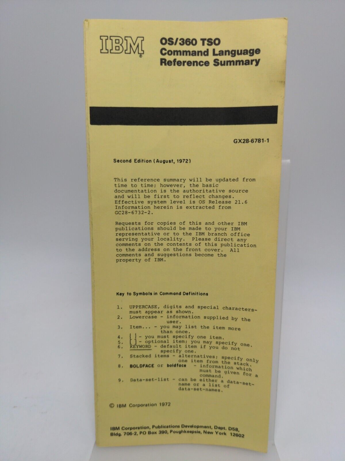 IBM System 360 TSO Command Reference Card Vintage 1972 SYSTEM/360 mainframe