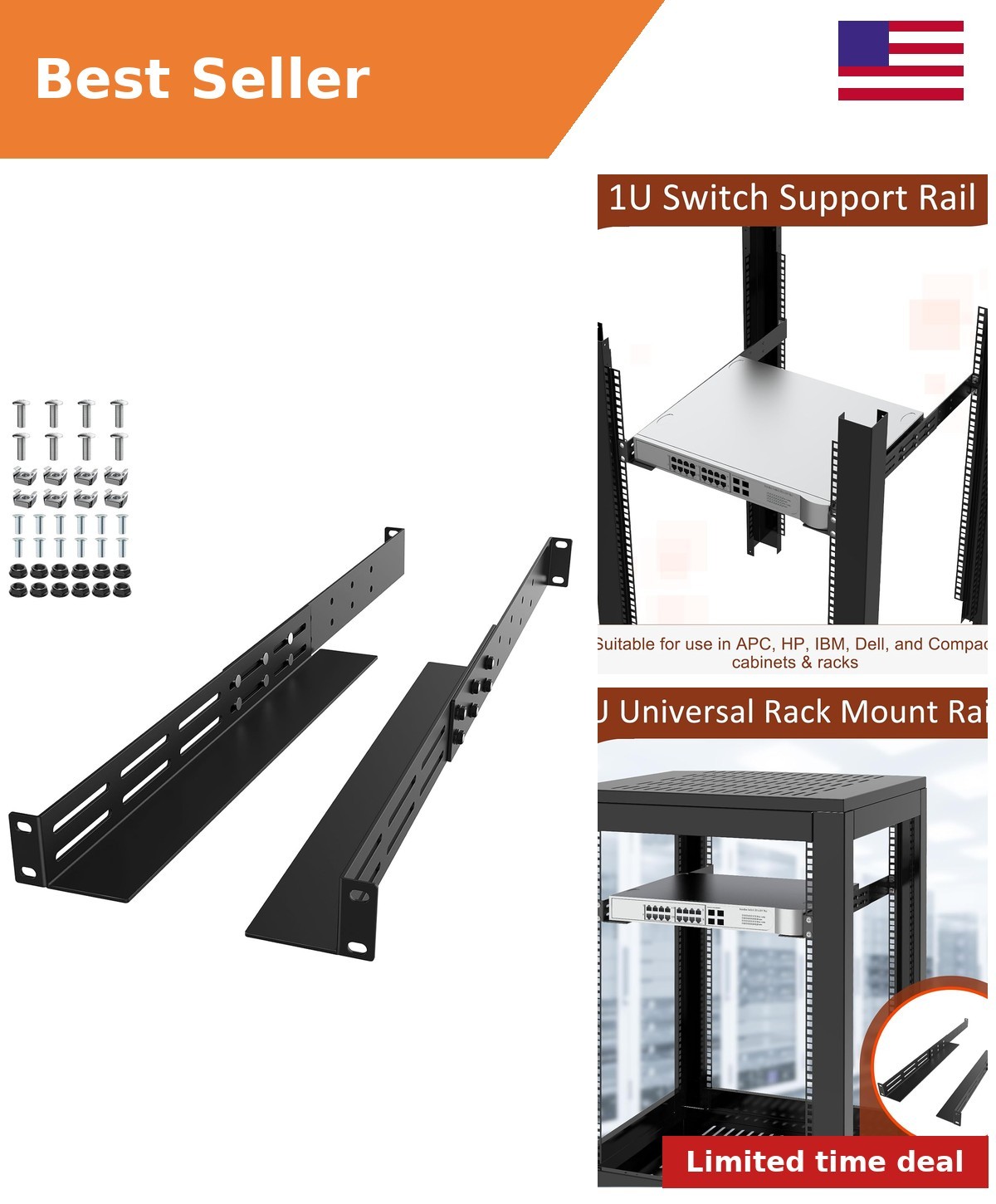 1U Universal Rack Mount Rails, 4-Post Server Rack Rail