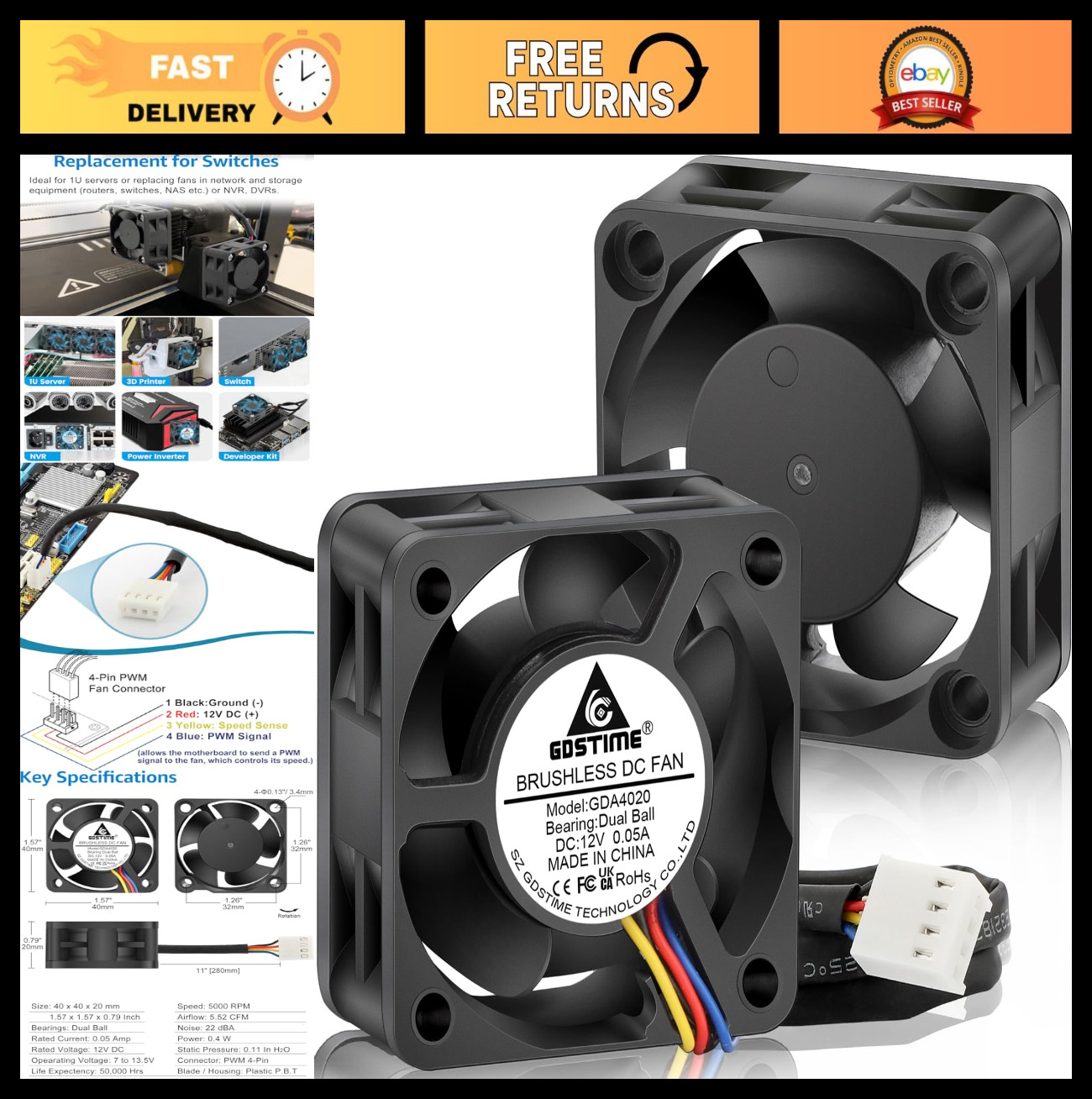 2Pcs 40mm Brushless DC Cooling Fan 12V PWM Dual Ball Bearing for 3D Printer, Ser
