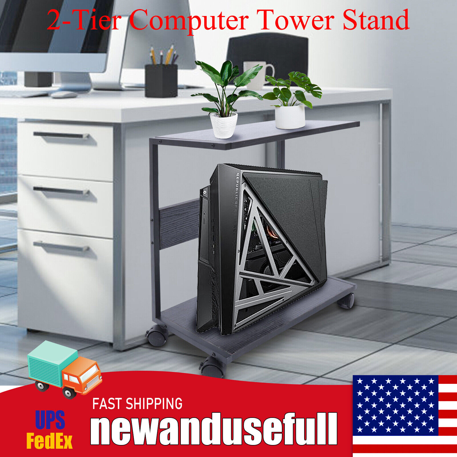 2-Tier Computer Tower Stand, Under Desk CPU Stand PC Stand w/ Rolling Wheels