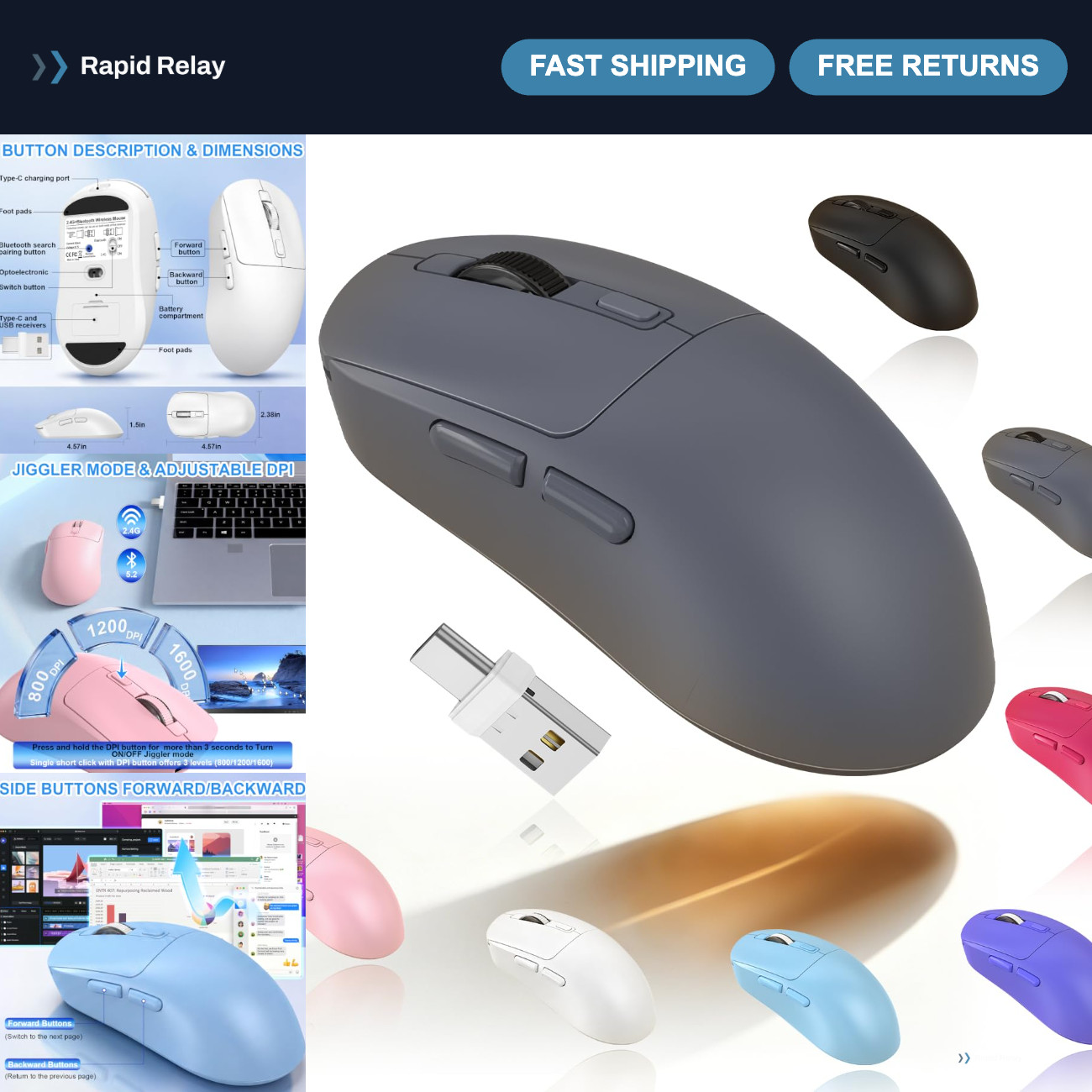 Wireless Bluetooth Mouse for MacBook, Laptop & iPad - Rechargeable, Silent, USB-