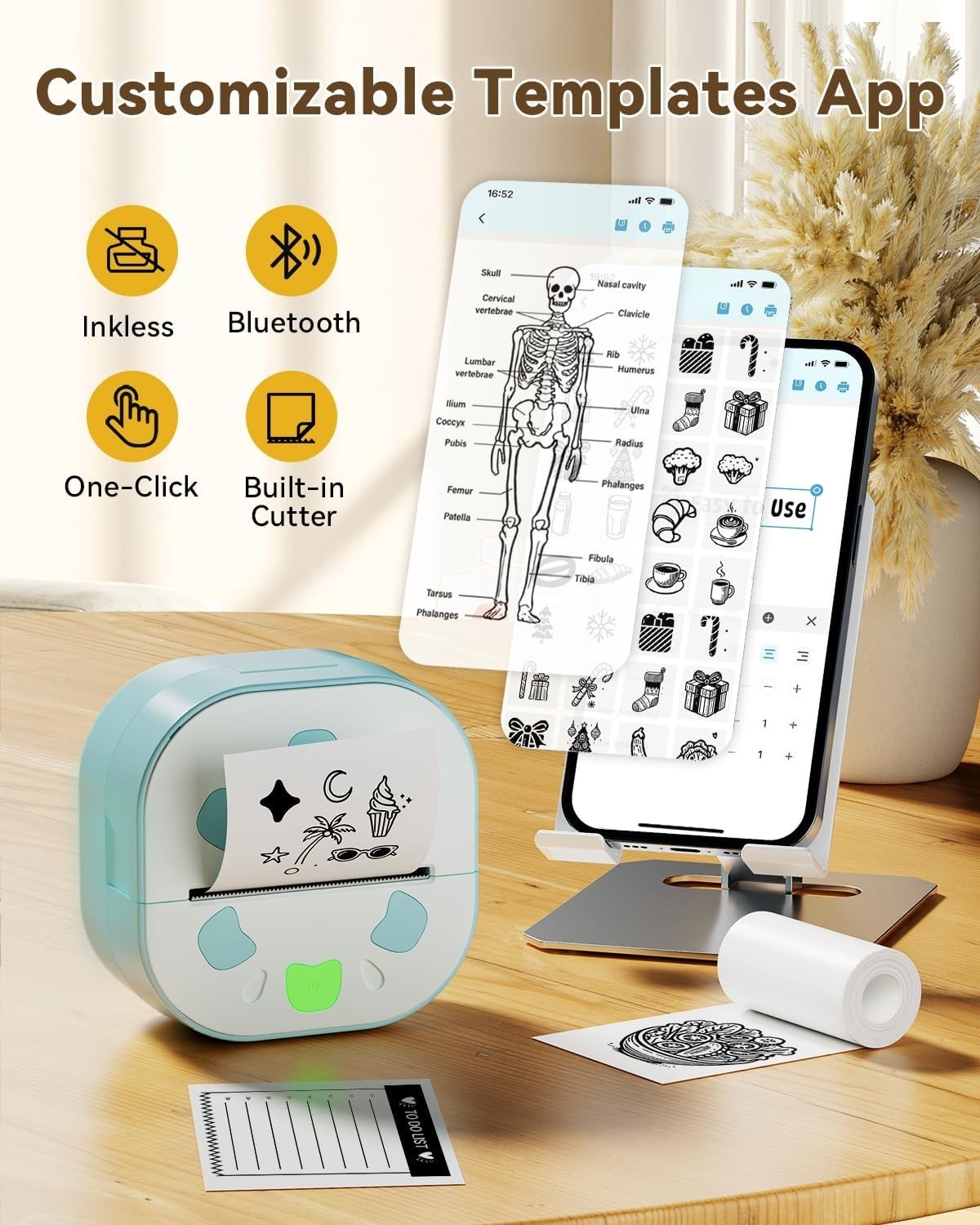 Sticker Printer, Printpods Mini Printer, Bluetooth Portable Sticker Maker with 3