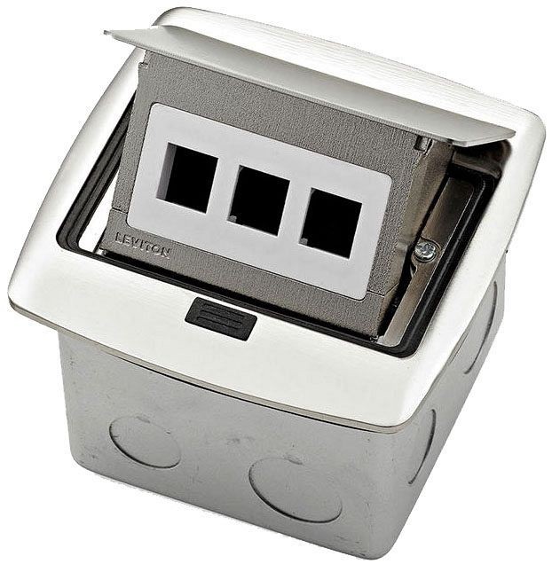 Leviton PFQP3-BN Pop-Up Floor Box, 3-Port QuickPort Insert, Brushed Nickel