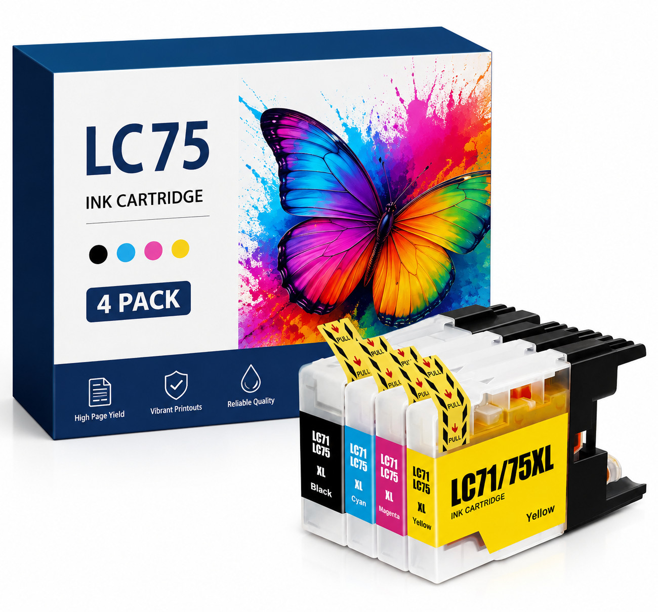 LC75 (4Pack-BK/C/M/Y) High Yield Ink Cartridge Replacement for Brother LC71 Ink