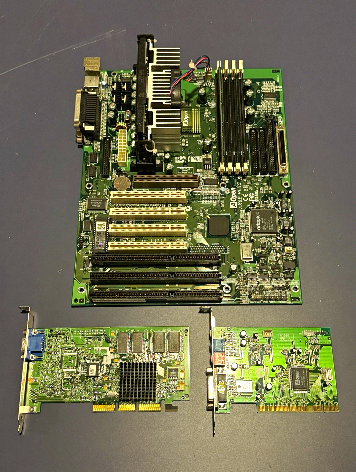 AOpen AX6B PLUS ATX Slot 1 with Pentium III 650MHz, AGP card, and sound card