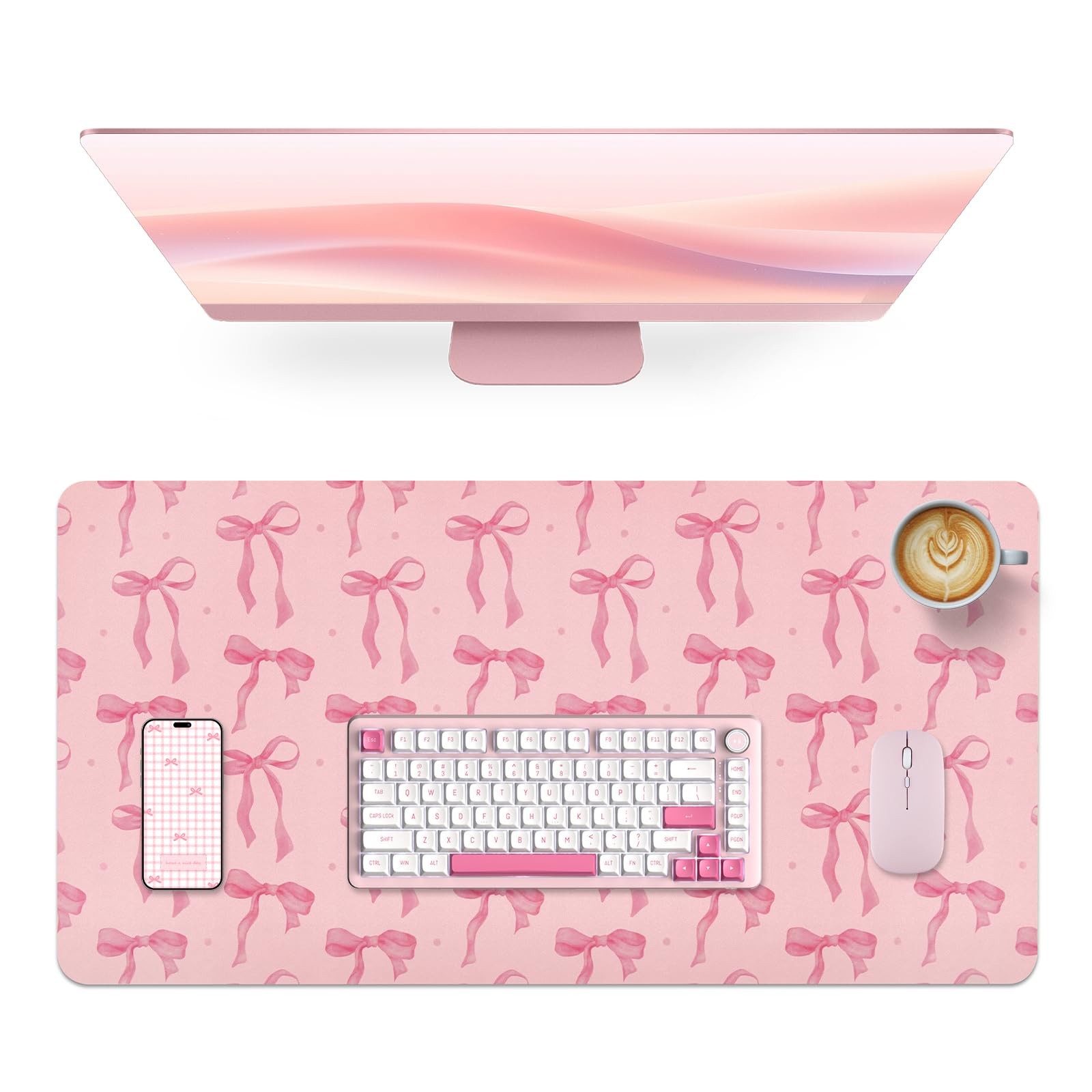 Pink Desk Mat, Large Mouse Pad Pink Bow Keyboard Mat Computer Pad, Cute Girly...