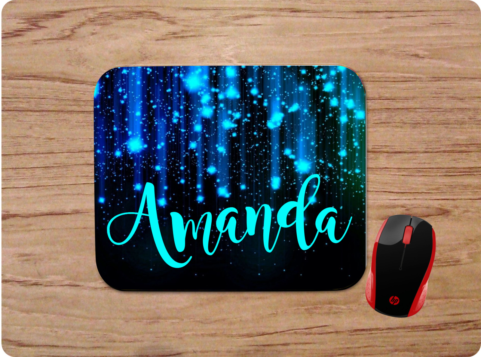 PERSONALIZED W/ NAME MOUSE PAD CUSTOM MADE - BLUE RAINING GALAXY STARS