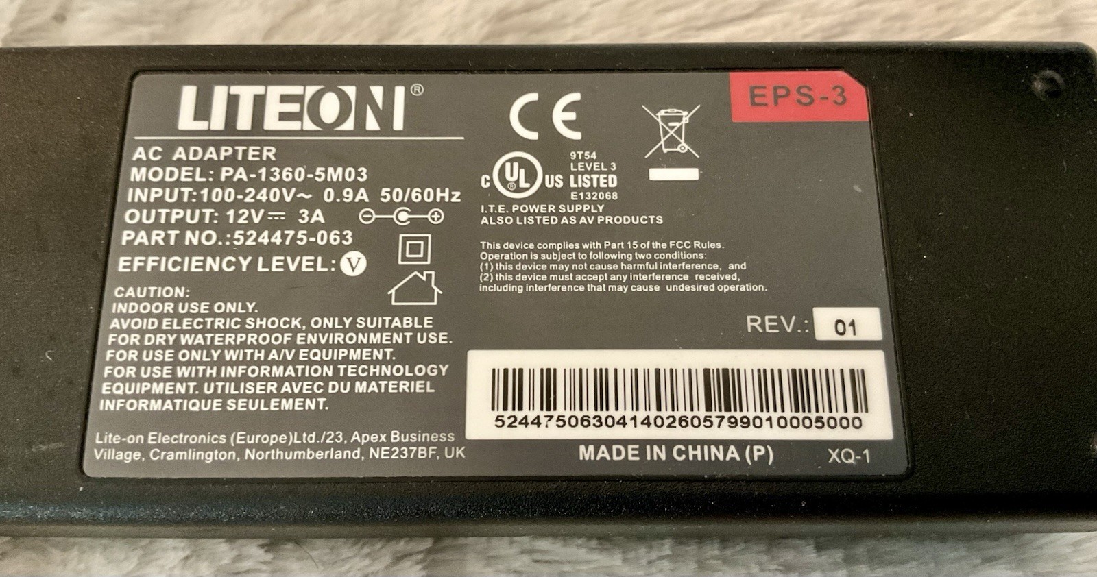 LITEON AC Adapter Model: PA-1360-5M03 PART NO: 524475-063 Charger Power