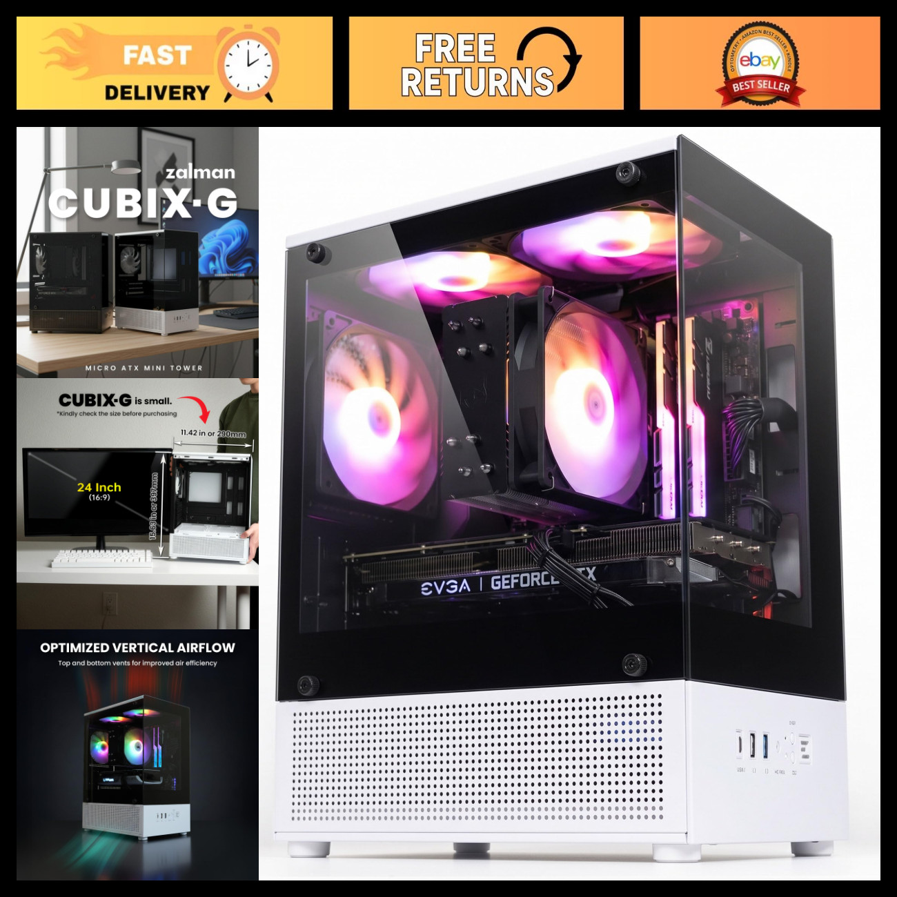 Compact Mini Tower Gaming PC Case, Micro-ATX MATX, Lightweight Design, Black & W