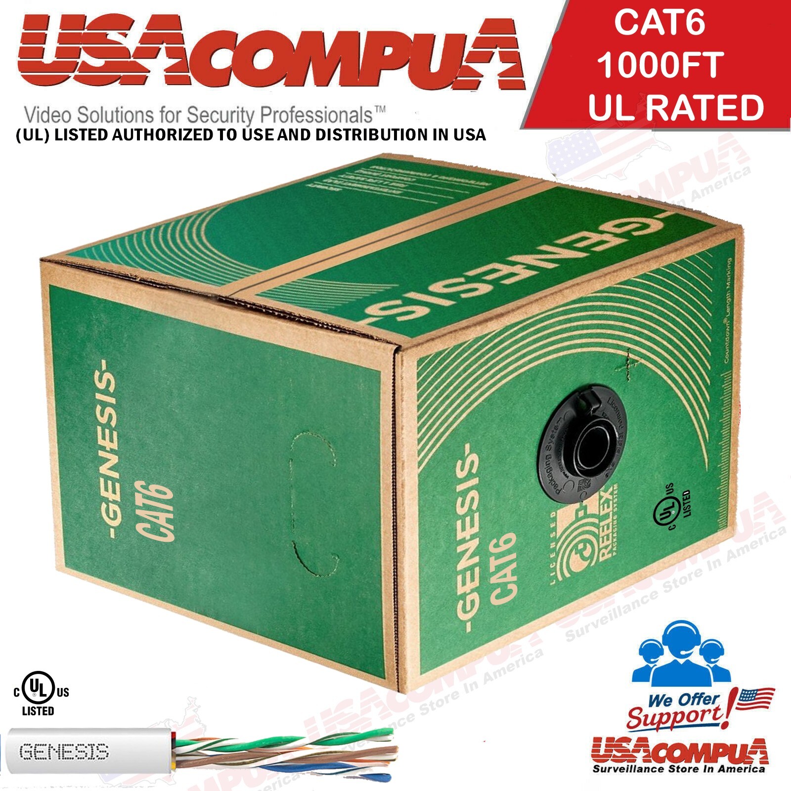 CAT6 1000ft  Solid Copper Ethernet Cable UL LISTED (WHITE) GENESIS
