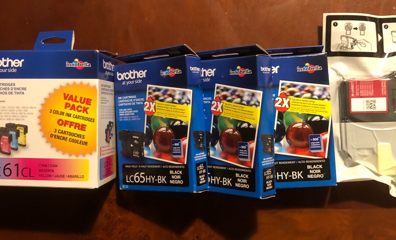New Genuine Brother LC61 Black Color 3PK Ink Cartridges and LC65HY-BK x 3, HY-M