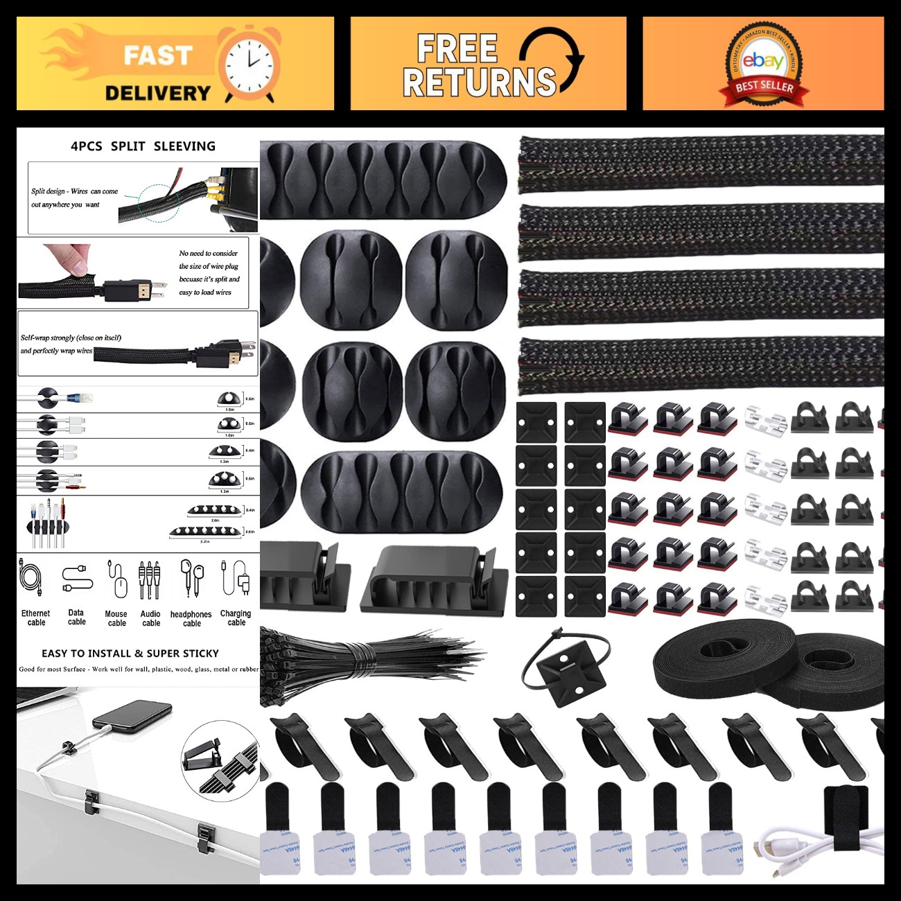 Cable Management Organizer Kit - 4 Cable Sleeves & 192PCS Accessories for Tidy C