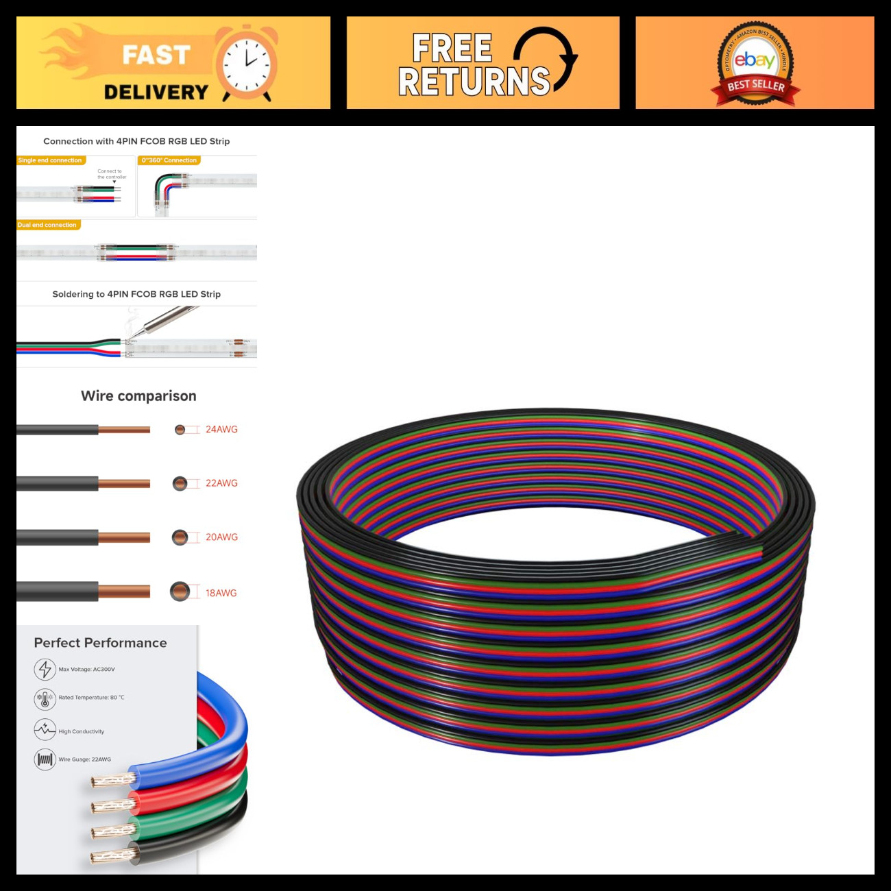 32.8ft 18AWG 4 Pin Extension Cable - UL Listed, Durable, High-Quality Connector