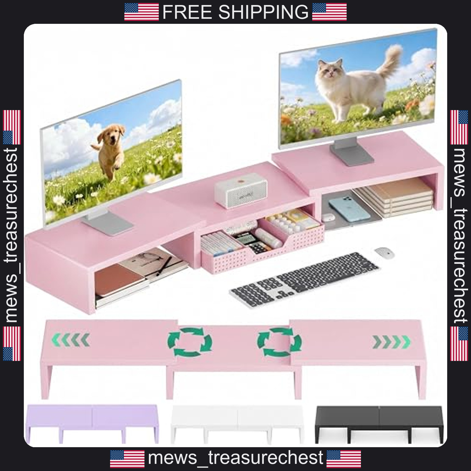 Dual Monitor Stand Riser with Drawer for Office Desk, Pink