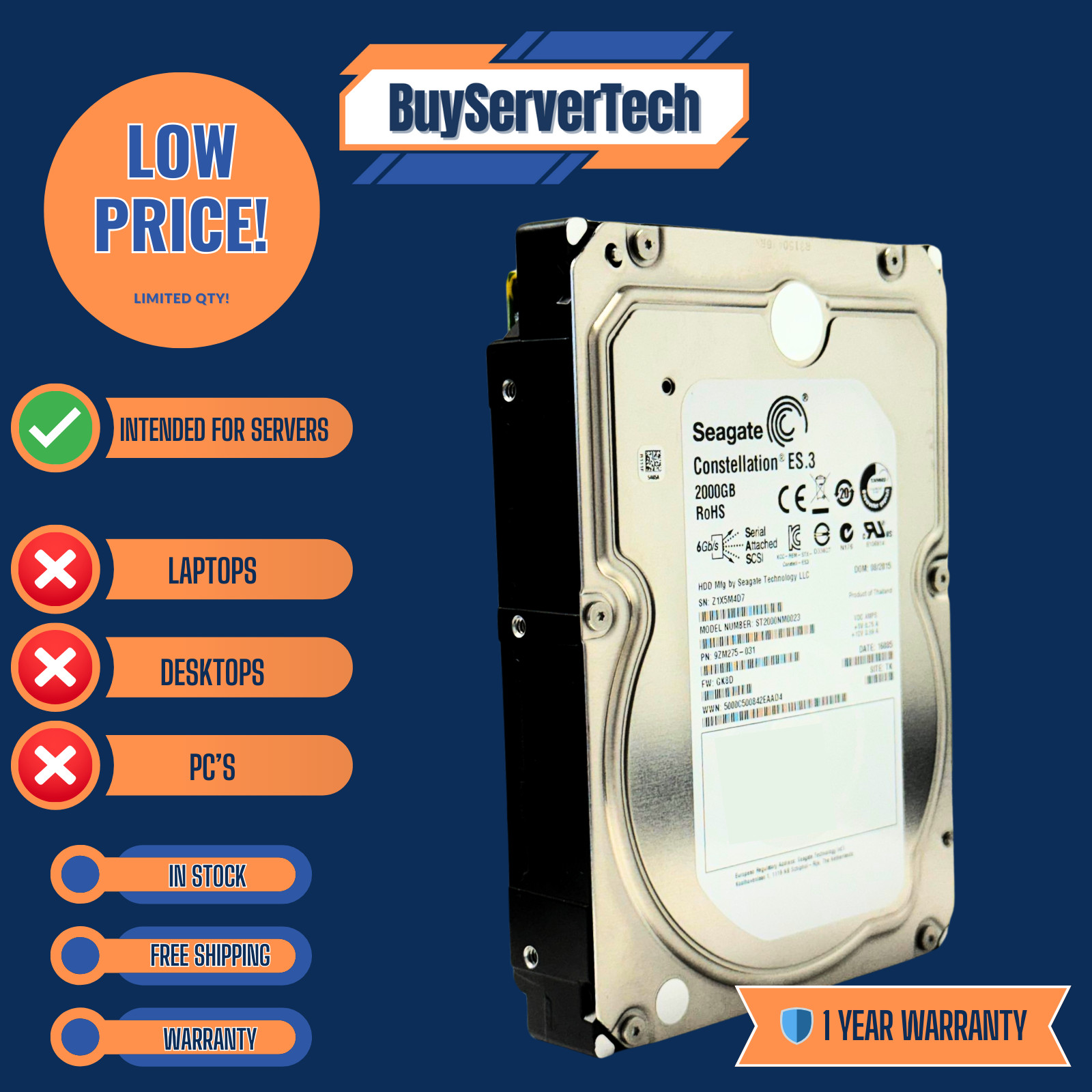 Seagate ST2000NM0023 2TB 7200RPM 6Gb/s 3.5" SAS HDD | Constellation ES.3 | 1 Yr