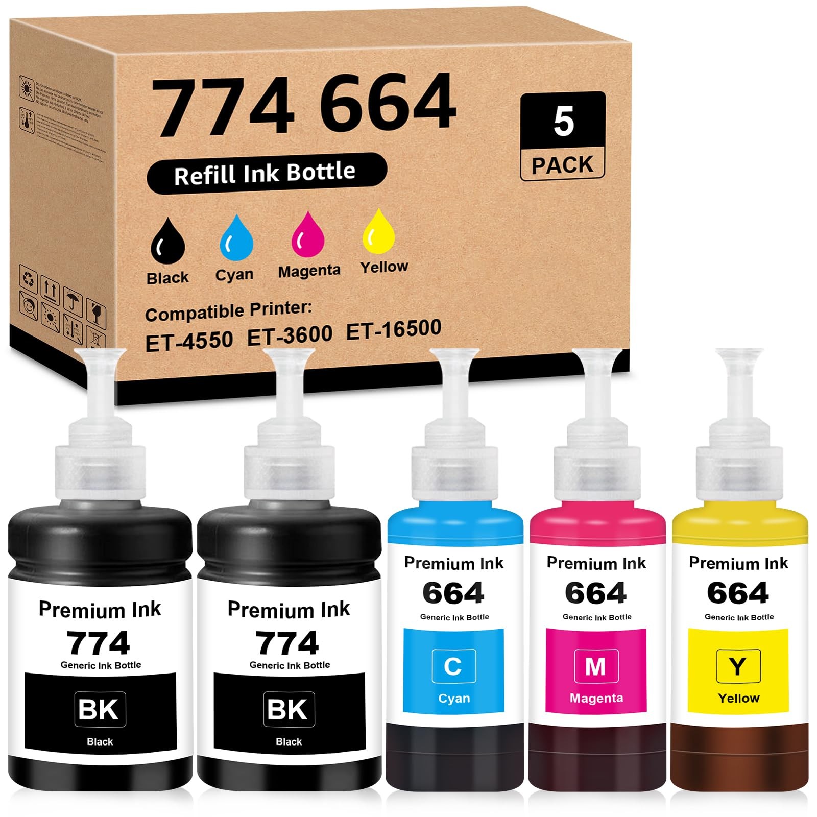 5 PCS Compatible Ink Bottle Replacement For 774 664 Ink Refill Ecotank