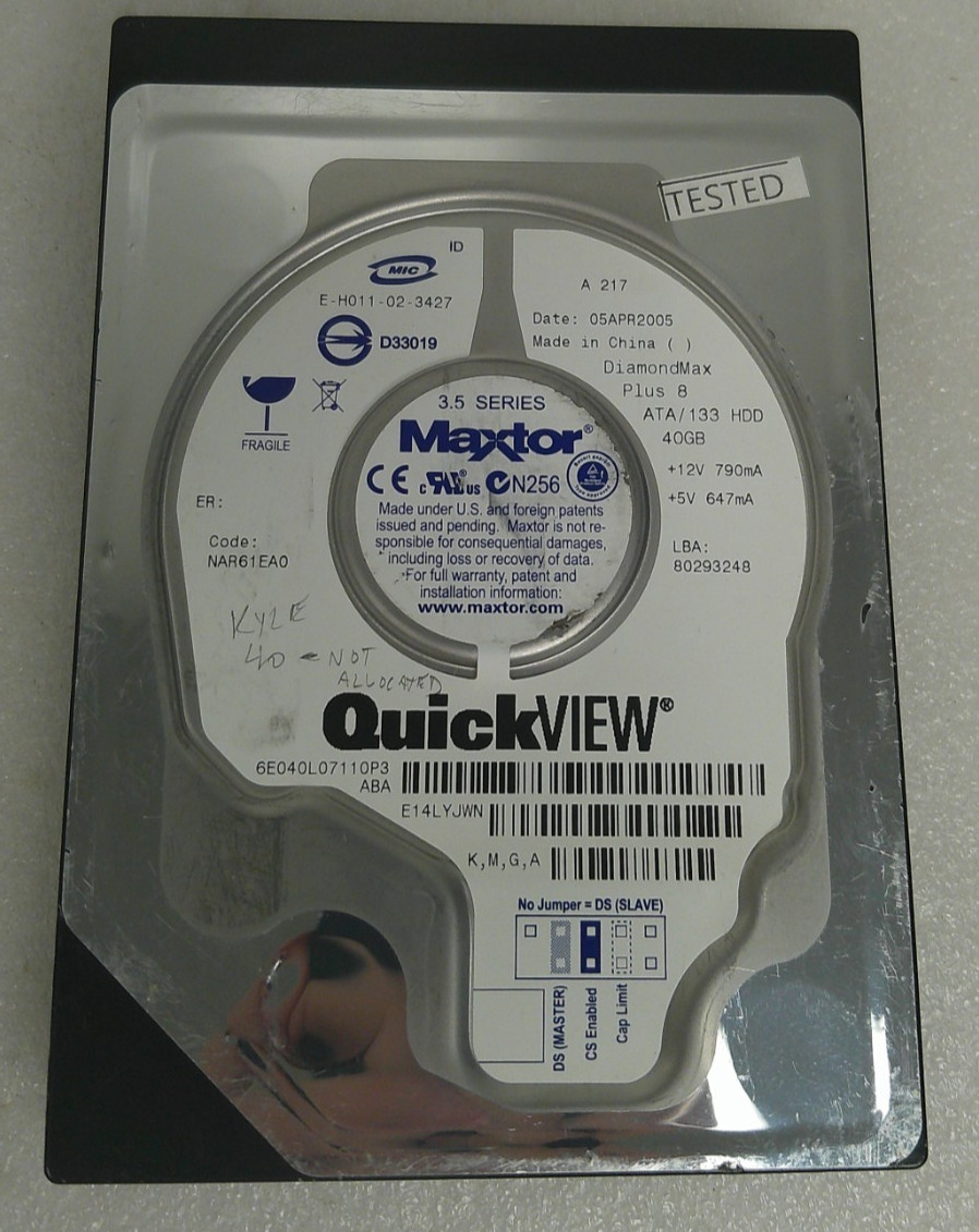 MAXTOR DIAMONDMAX PLUS 6E040L0 NAR61EA0 3.5" 7200 RPM 40GB IDE DRIVE K,M,G,A