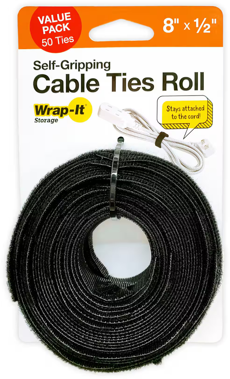 Wrap-It Storage - Self-Gripping Cable Ties Roll - 8-inch (50-Pack) Reusable H...