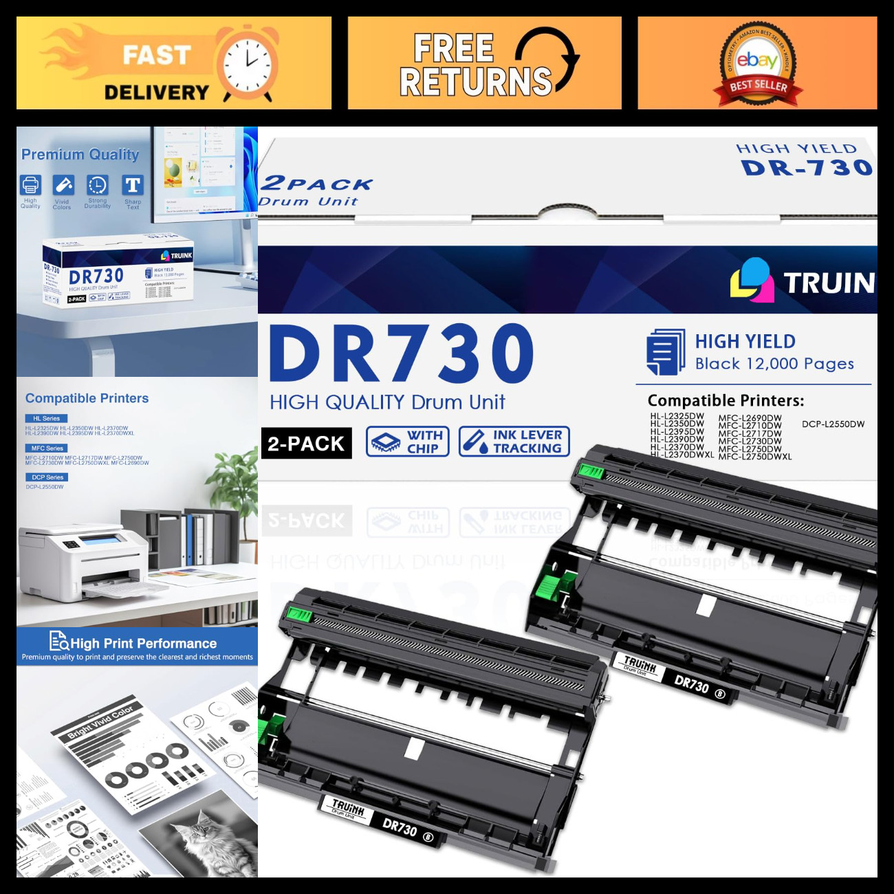 High Yield Drum Unit Replacement for Brother Printers, 2 Pack, Compatible HL-L23