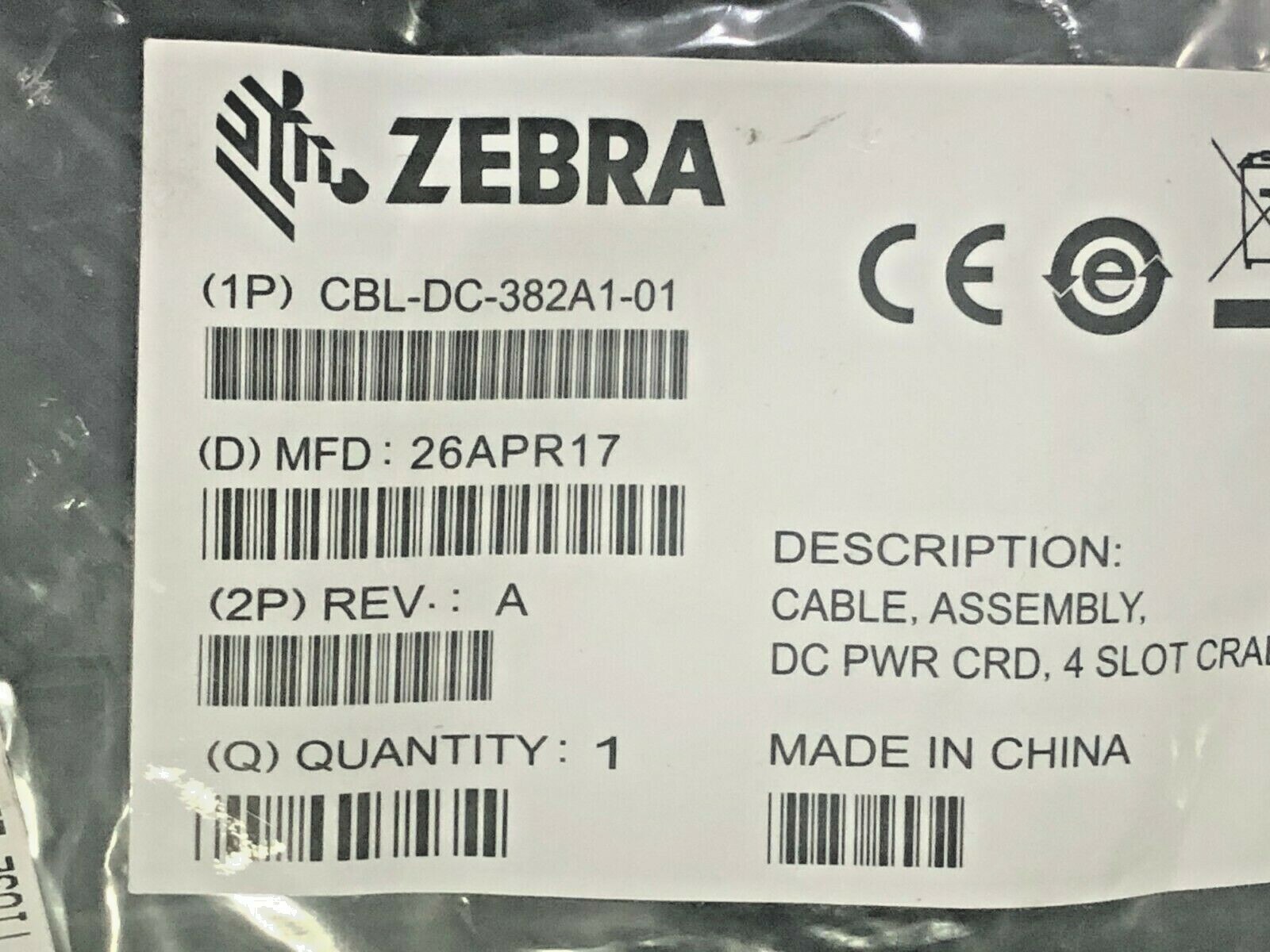 Zebra CBL-DC-382A1-01 Standard Power Cord - For Cradle FROM A SINGLE LEVEL VI