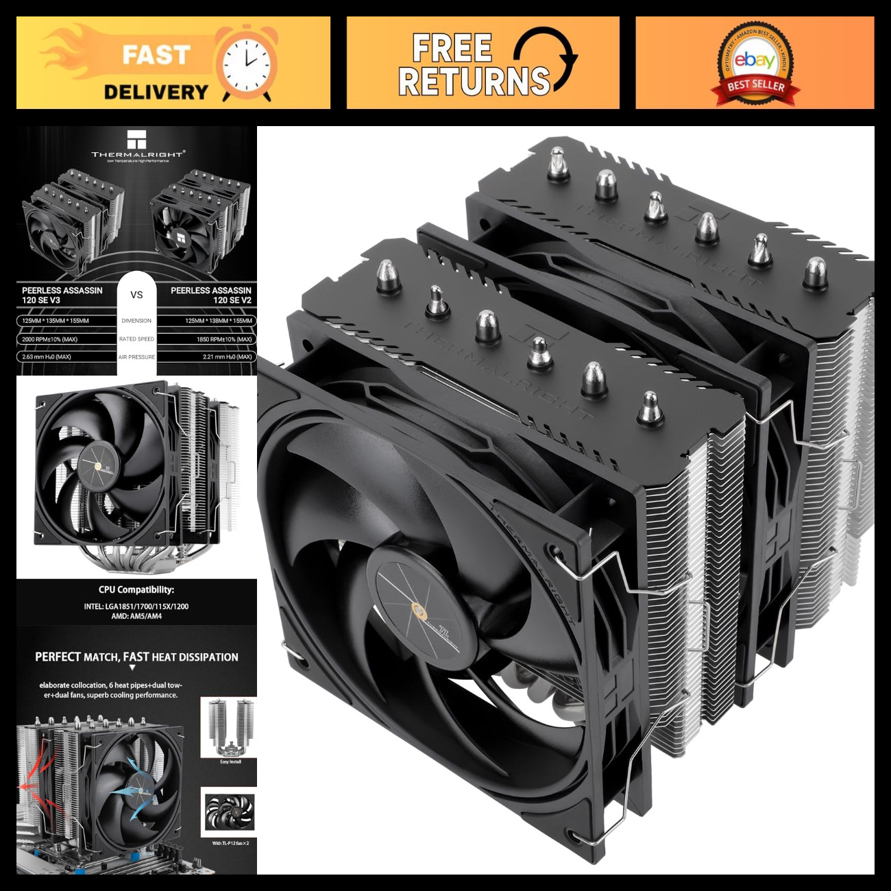 High-Performance CPU Cooler, 6 Heatpipe Design, Dual 120mm PWM Fans, AM5/Intel C