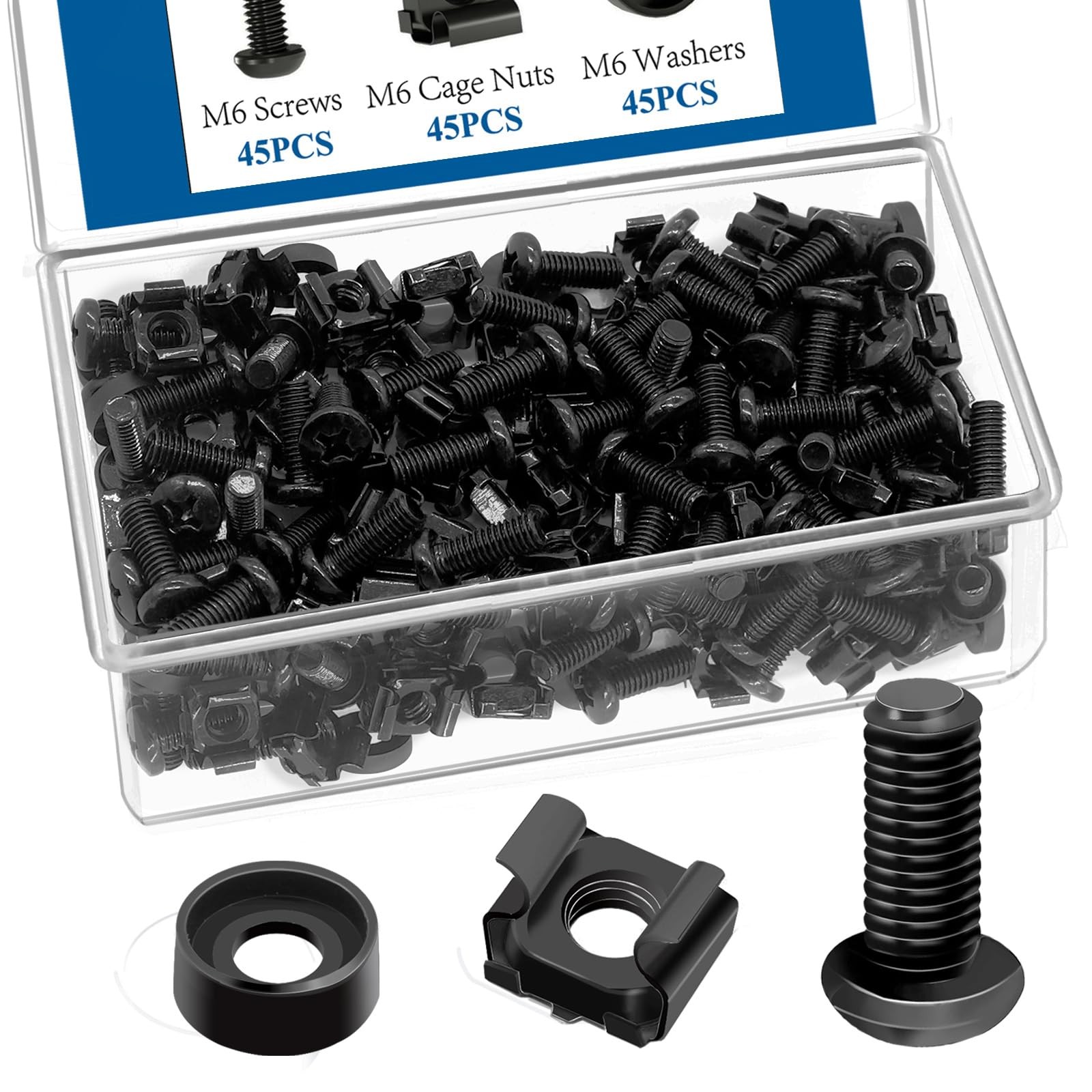 Sunxeke 45 Pack M6 x 16mm Rack Mount Screws,Cage Nuts for One Size, black 