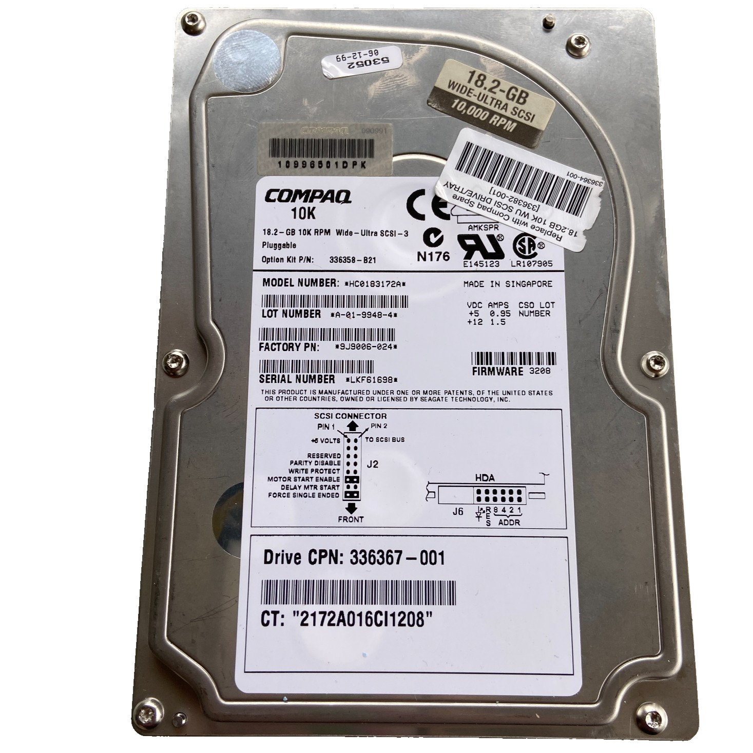 PC Hard Drive Compaq 10K 18GB Wide-Ultra SCSI 3 HC0183172A 336367-001 Pluggable