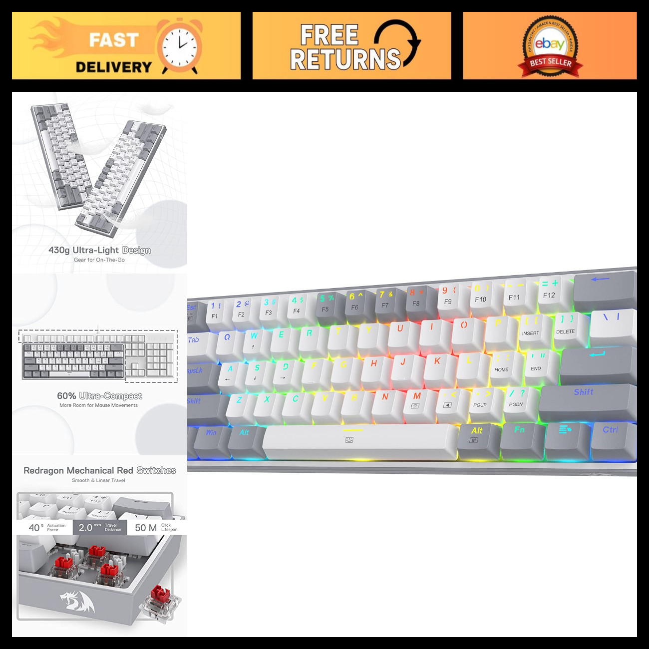 Compact 60% Hot-Swap RGB Gaming Mechanical Keyboard - Wired, Customizable, Durab