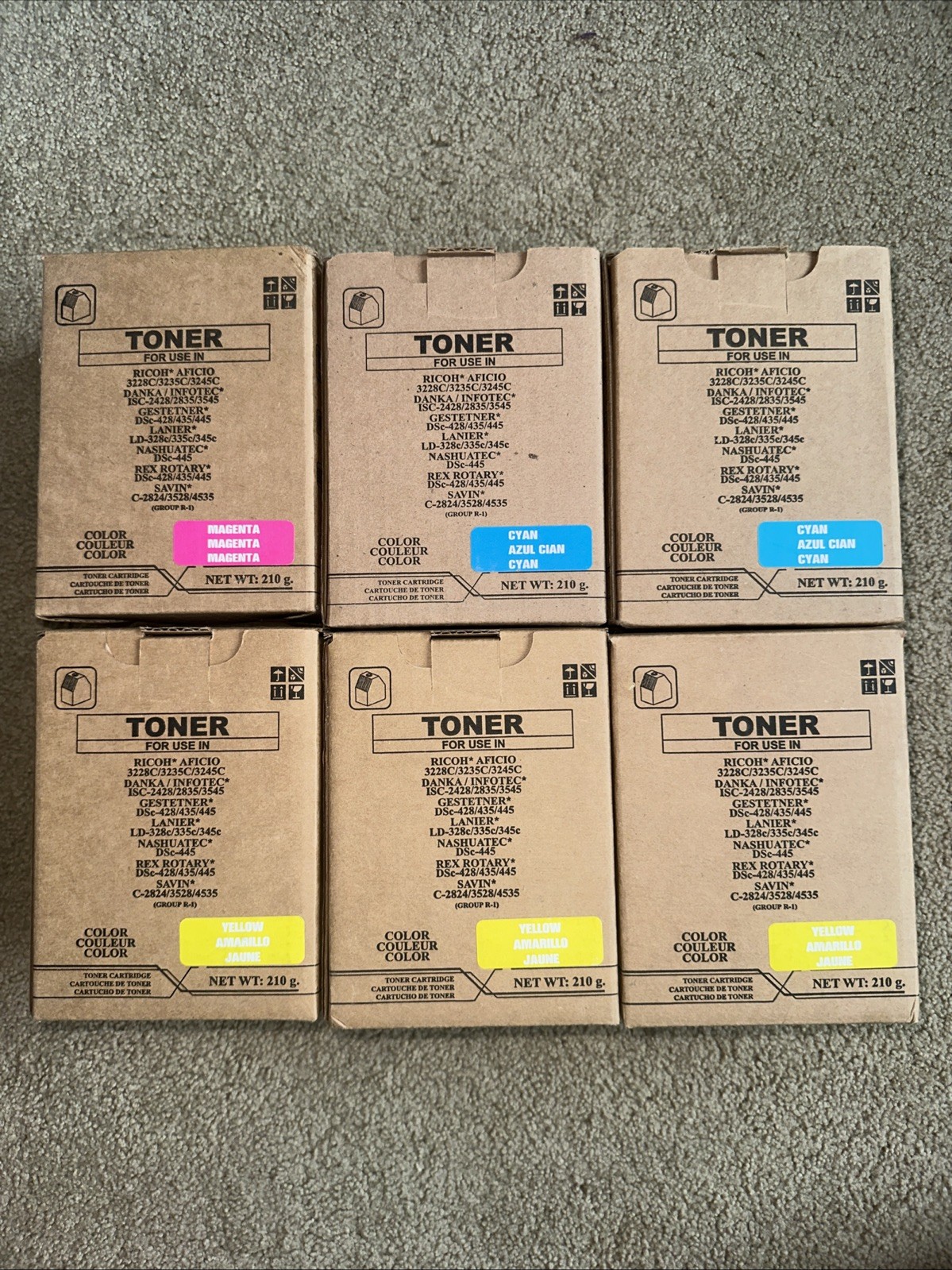 Set Of 6 Ricoh Toner For Use In 3228C / 3235C / 3245C Yellow Magenta Blue