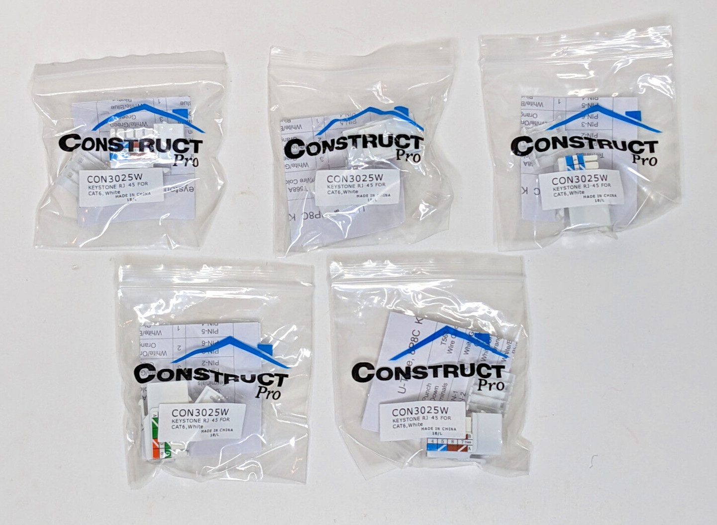 5X Construct Pro CON3025W Cat6 Keystone Jack RJ-45 White