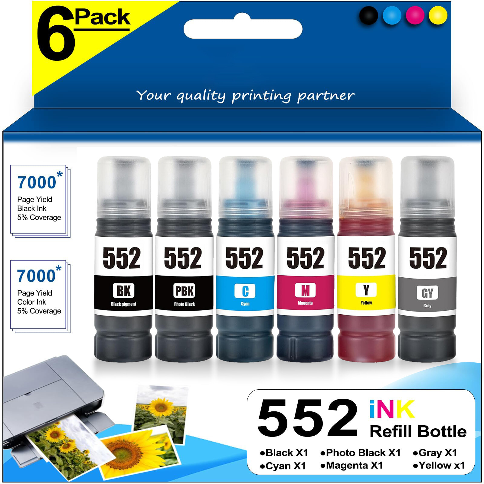 T552 552XL 6-Pack Ink Bottles: Black+PB+Cyan+Magenta+Yellow+Gray for ET-8550/850