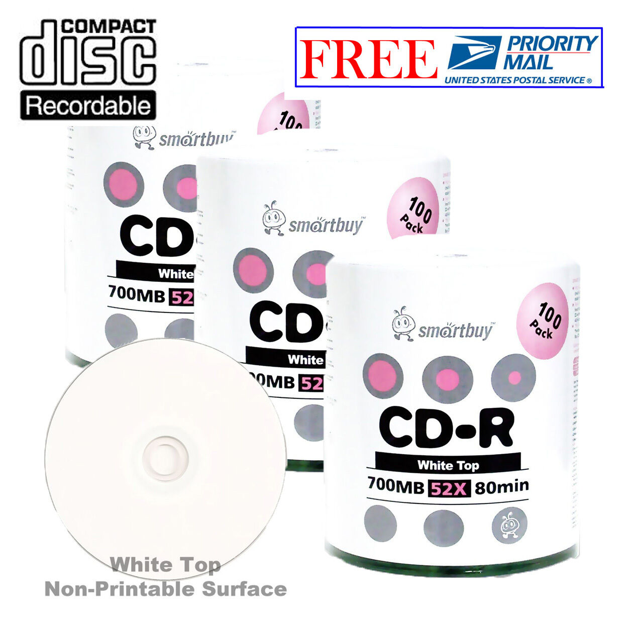 300-Pack SmartBuy Blank CD-R 52X 700MB/80Min White Top Surface Record Media Disc