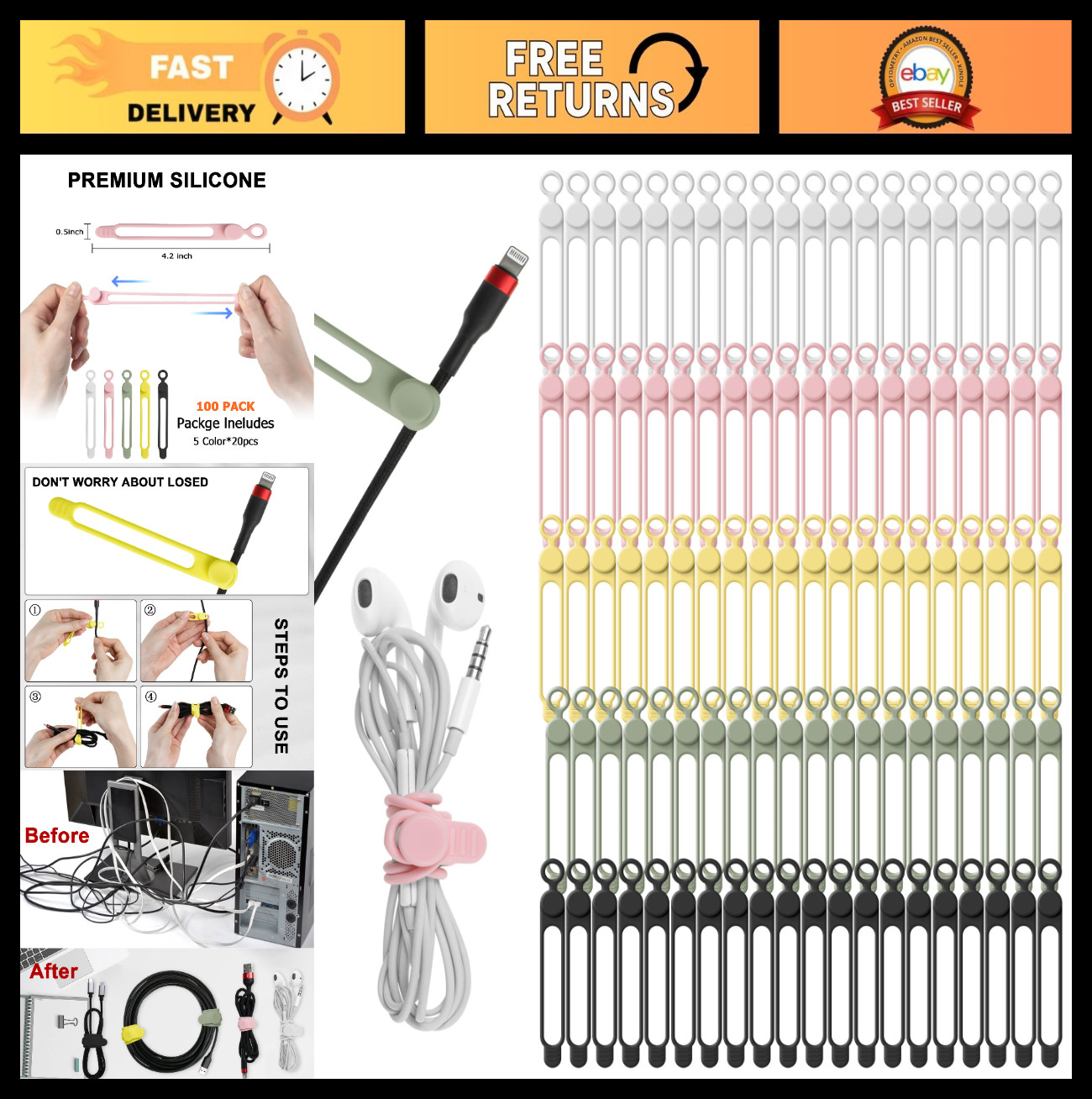 100Pcs Silicone Cable Ties - Reusable Cord Organizer for Earphones, Chargers & C