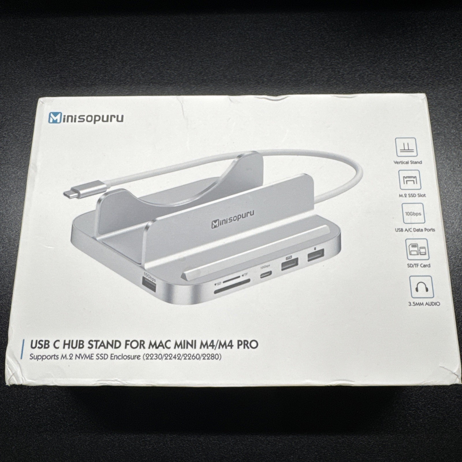Minisopuru USB C Hub Stand for Mac Mini, Mac Mini Hub Support M.2 NVMe/SATA SSD
