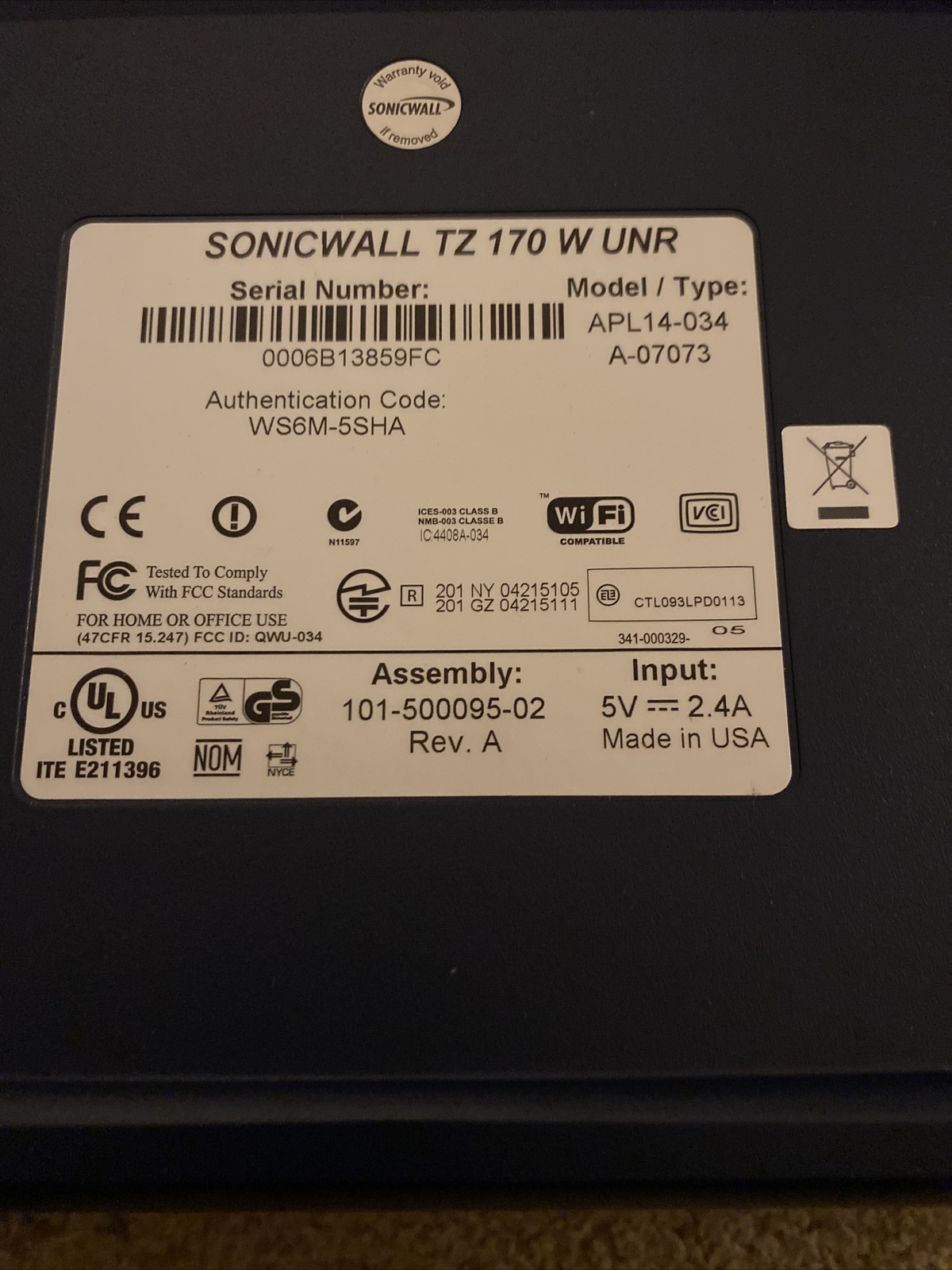 Sonicwall TZ170 APL14-034 Wireless UNR