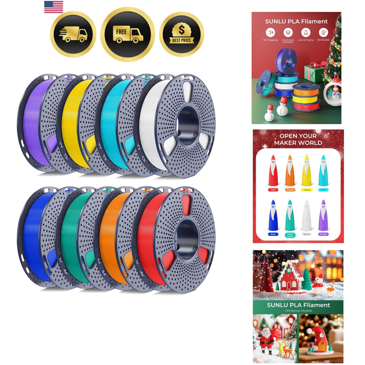 250g PLA Filament 1.75mm Bundle, SUNLU 3D Printer Filament Neatly Wound, Indi...